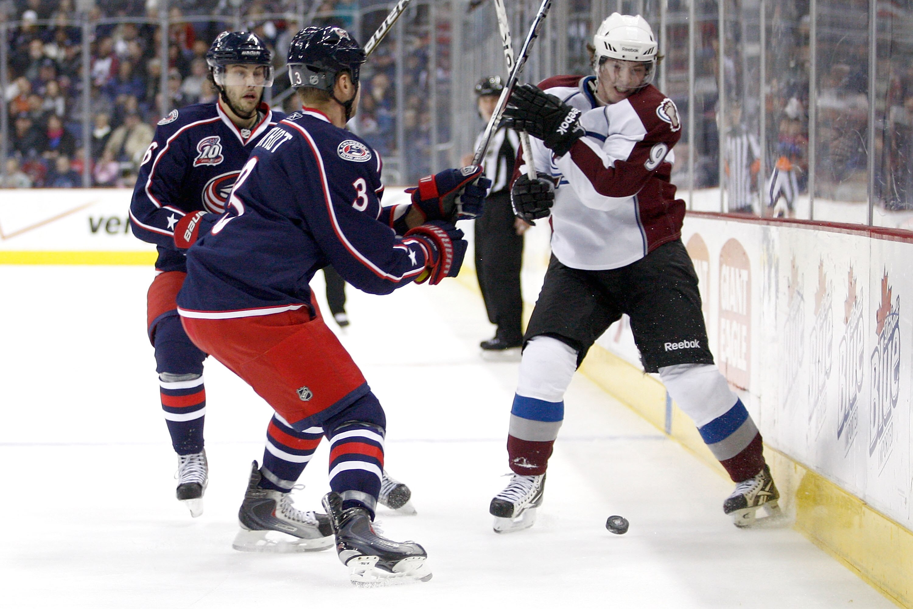 COLUMBUS, OH - FEBRUARY 11:  Matt Duchene #9 of the Colorado Avalanche flips the puck past Marc Methot #3 of the Columbus Blue Jackets on February 11, 2011 at Nationwide Arena in Columbus, Ohio. (Photo by John Grieshop/Getty Images)