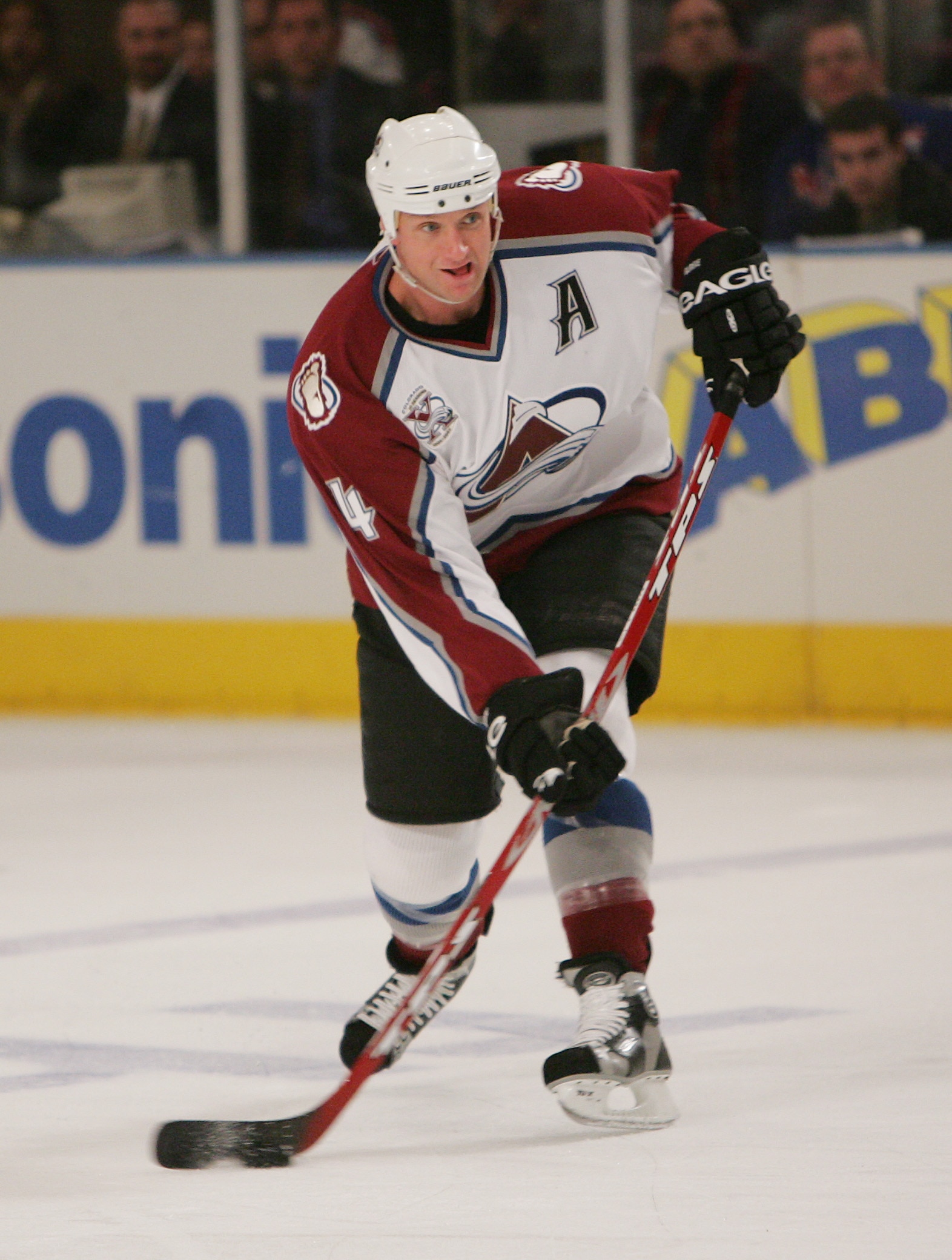 NEW YORK - DECEMBER 18: Rob Blake #4 of the Colorado Avalanche passes against the New York Rangers on December 18, 2005 at Madison Square Garden in New York City. The Avalanche defeated the Rangers 2-1. (Photo by Nick Laham/Getty Images)