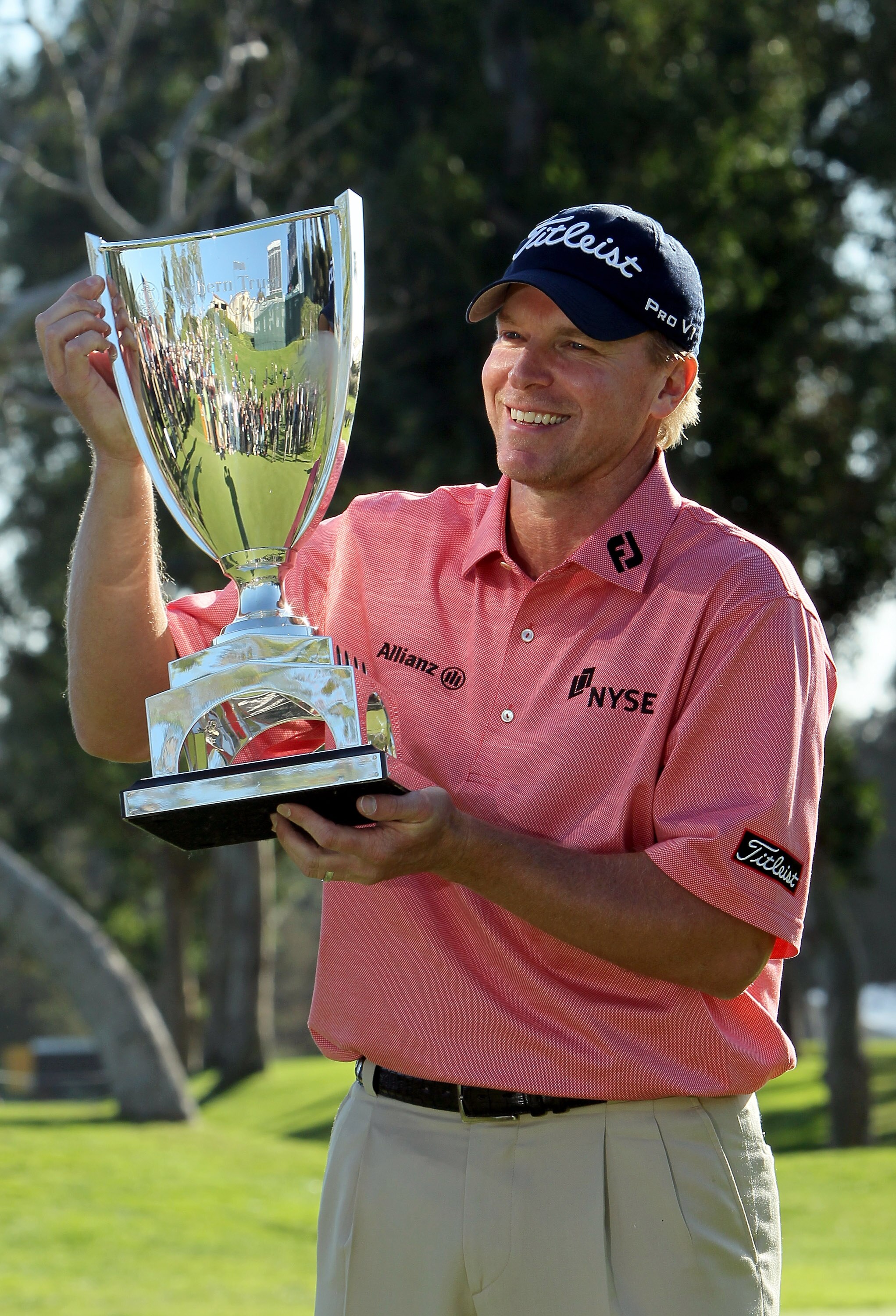PACIFIC PALISADES, CA - FEBRUARY 07: Steve Stricker poses with the trophy after winning the Northern Trust Open at Riviera Country Club on February 7, 2010 in Pacific Palisades, California. (Photo by Jeff Gross/Getty Images)