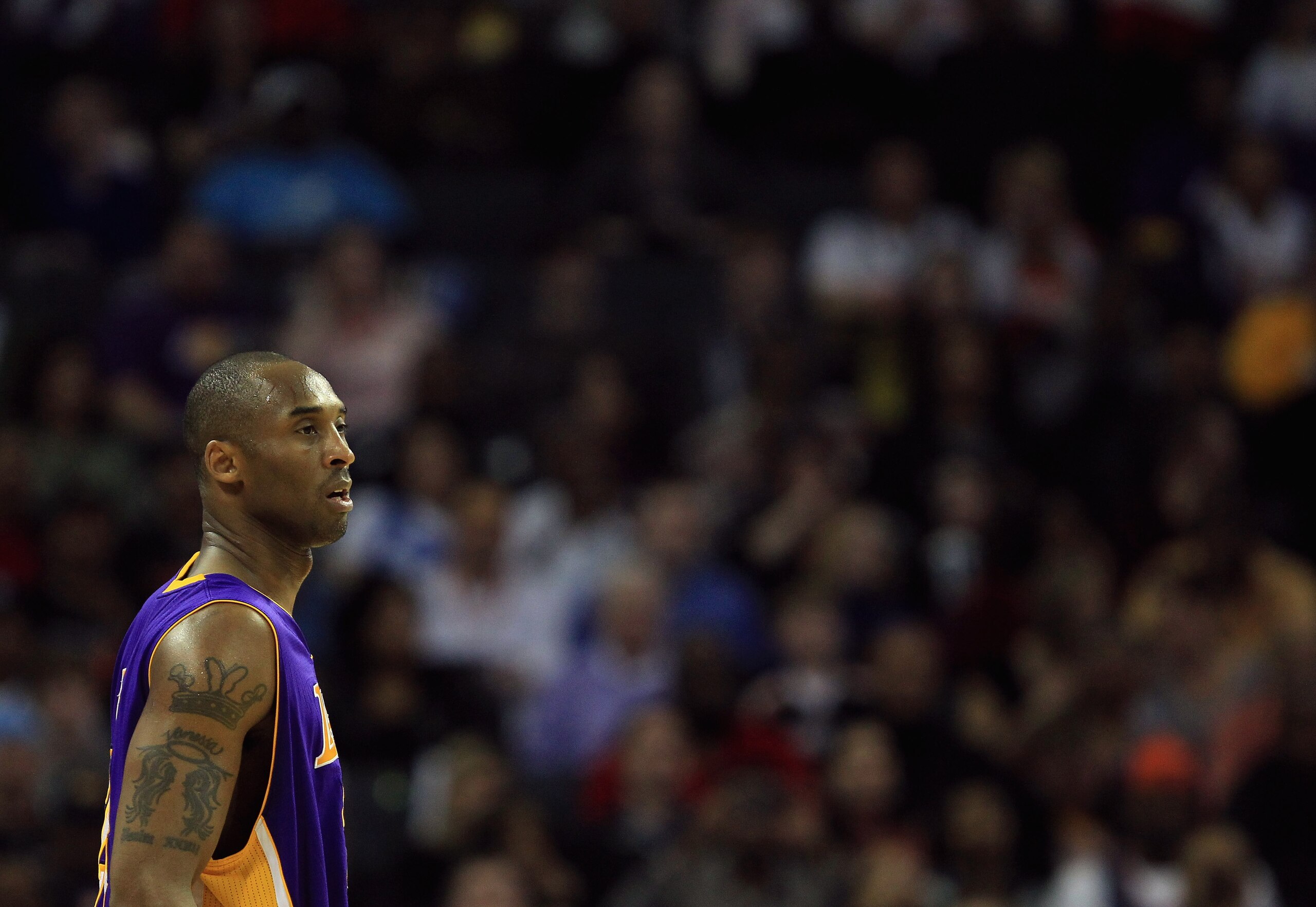 CHARLOTTE, NC - FEBRUARY 14: Kobe Bryant #24 of the Los Angeles Lakers reacts to his bench against the Charlotte Bobcats during their game at Time Warner Cable Arena on February 14, 2011 in Charlotte, North Carolina. NOTE TO USER: User expressly acknowle CHARLOTTE, NC - FEBRUARY 14: Kobe Bryant #24 of the Los Angeles Lakers reacts to his bench against the Charlotte Bobcats during their game at Time Warner Cable Arena on February 14, 2011 in Charlotte, North Carolina. NOTE TO USER: User expressly acknowle