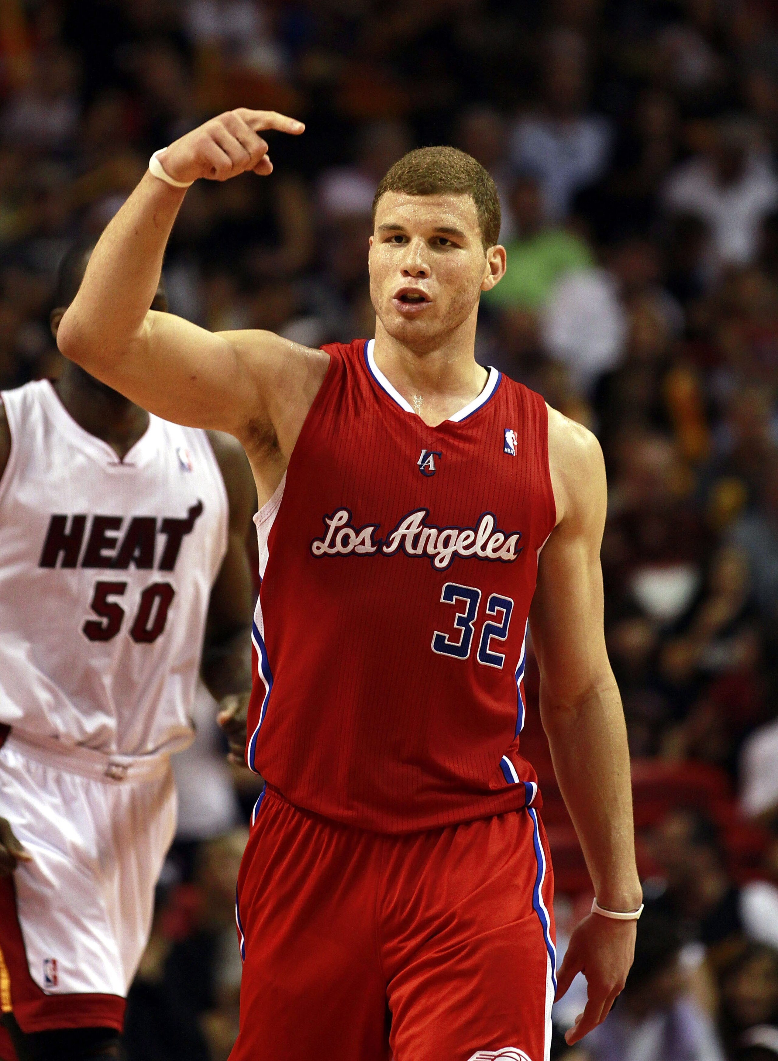 MIAMI, FL - FEBRUARY 06: Forward Blake Griffin of the Los Angeles Clippers reacts against the Miami Heat at American Airlines Arena on February 6, 2011 in Miami, Florida. The Heat defeated the Clippers 97-79. NOTE TO USER: User expressly acknowledges and MIAMI, FL - FEBRUARY 06: Forward Blake Griffin of the Los Angeles Clippers reacts against the Miami Heat at American Airlines Arena on February 6, 2011 in Miami, Florida. The Heat defeated the Clippers 97-79. NOTE TO USER: User expressly acknowledges and