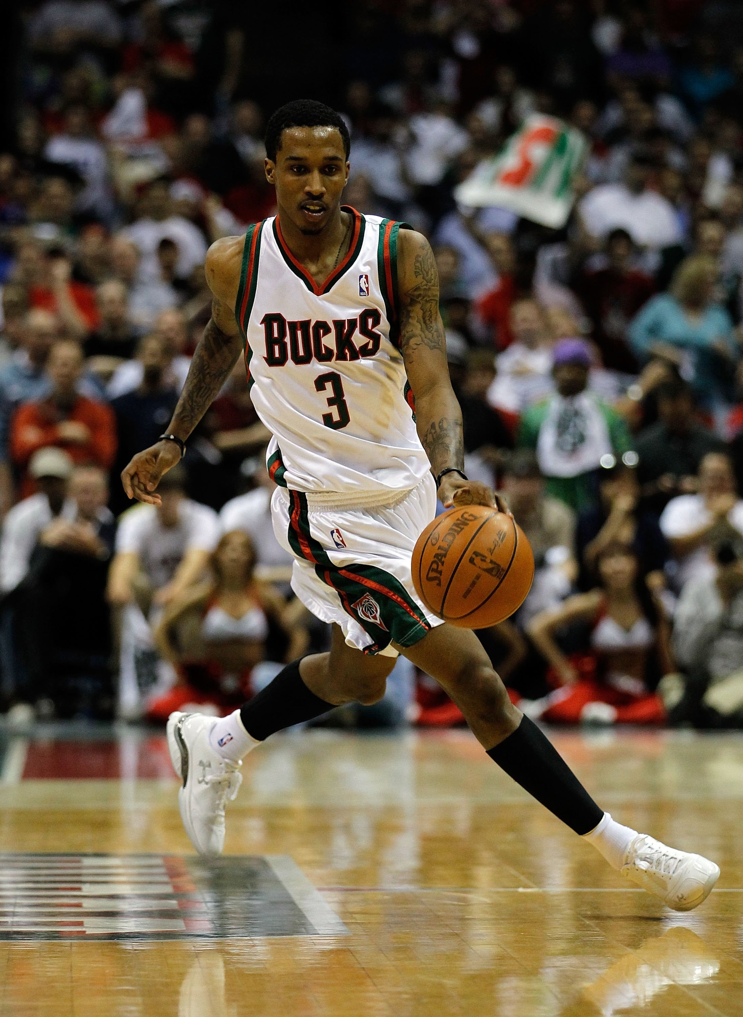 MILWAUKEE - APRIL 26: Brandon Jennings #3 of the Milwaukee Bucks brings the ball up court against the Atlanta Hawks in Game Four of the Eastern Conference Quarterfinals during the 2010 NBA Playoffs at the Bradley Center on April 26, 2010 in Milwaukee, Wis MILWAUKEE - APRIL 26: Brandon Jennings #3 of the Milwaukee Bucks brings the ball up court against the Atlanta Hawks in Game Four of the Eastern Conference Quarterfinals during the 2010 NBA Playoffs at the Bradley Center on April 26, 2010 in Milwaukee, Wis