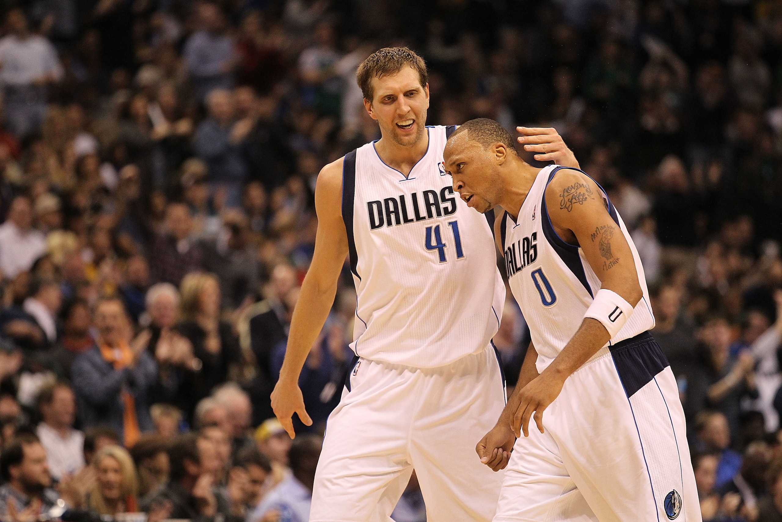 DALLAS, TX - JANUARY 19: Dirk Nowitzki #41 and Shawn Marion #0 of the Dallas Mavericks react during play against the Los Angeles Lakers at American Airlines Center on January 19, 2011 in Dallas, Texas. NOTE TO USER: User expressly acknowledges and agree DALLAS, TX - JANUARY 19: Dirk Nowitzki #41 and Shawn Marion #0 of the Dallas Mavericks react during play against the Los Angeles Lakers at American Airlines Center on January 19, 2011 in Dallas, Texas. NOTE TO USER: User expressly acknowledges and agree