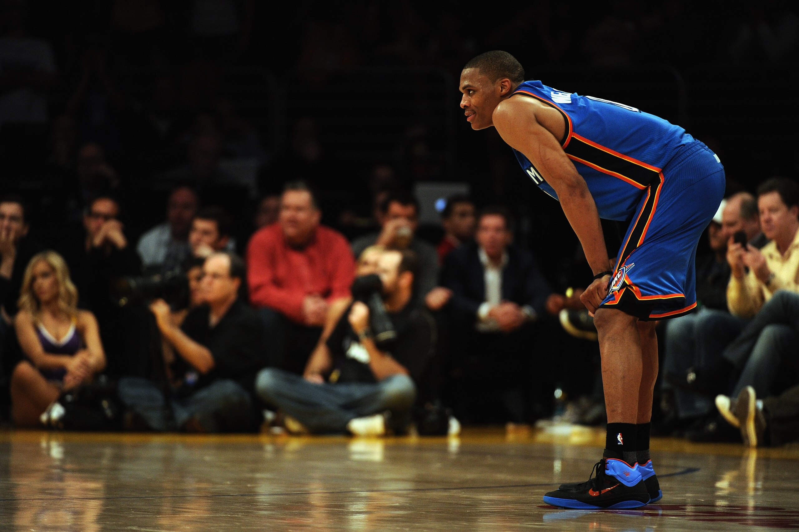 LOS ANGELES, CA - JANUARY 17: Russell Westbrook #0 of the Oklahoma City Thunder waits for play during the game between the Los Angeles Lakers at the Staples Center on January 17, 2011 in Los Angeles, California. NOTE TO USER: User expressly acknowledge LOS ANGELES, CA - JANUARY 17: Russell Westbrook #0 of the Oklahoma City Thunder waits for play during the game between the Los Angeles Lakers at the Staples Center on January 17, 2011 in Los Angeles, California. NOTE TO USER: User expressly acknowledge