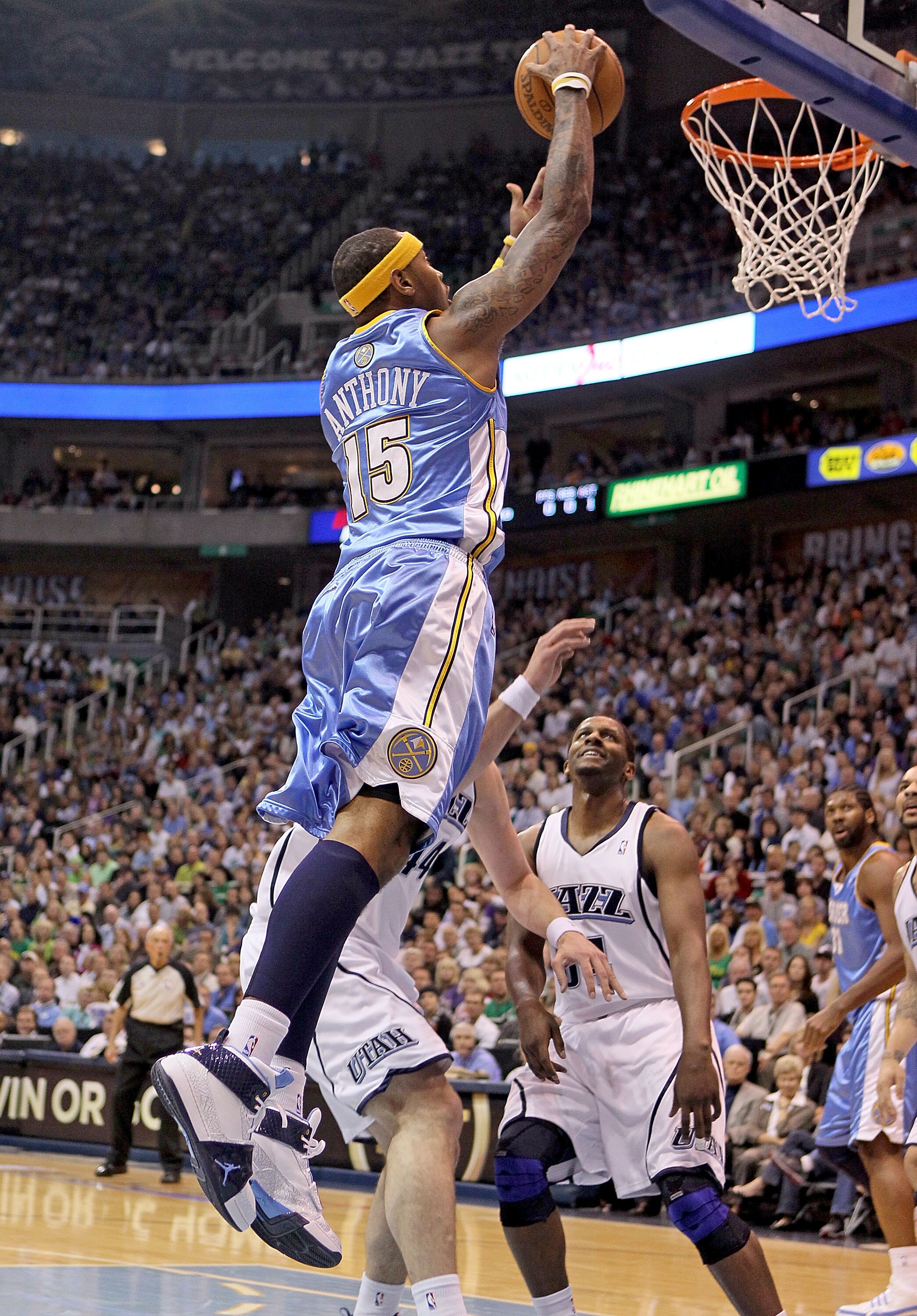 SALT LAKE CITY - APRIL 25: Carmelo Anthony #15 of the Denver Nuggets shoots the ball against the Utah Jazz during  Game Four of the Western Conference Quarterfinals of the 2010 NBA Playoffs at EnergySolutions Arena on April 25, 2010 in Salt Lake City, Uta