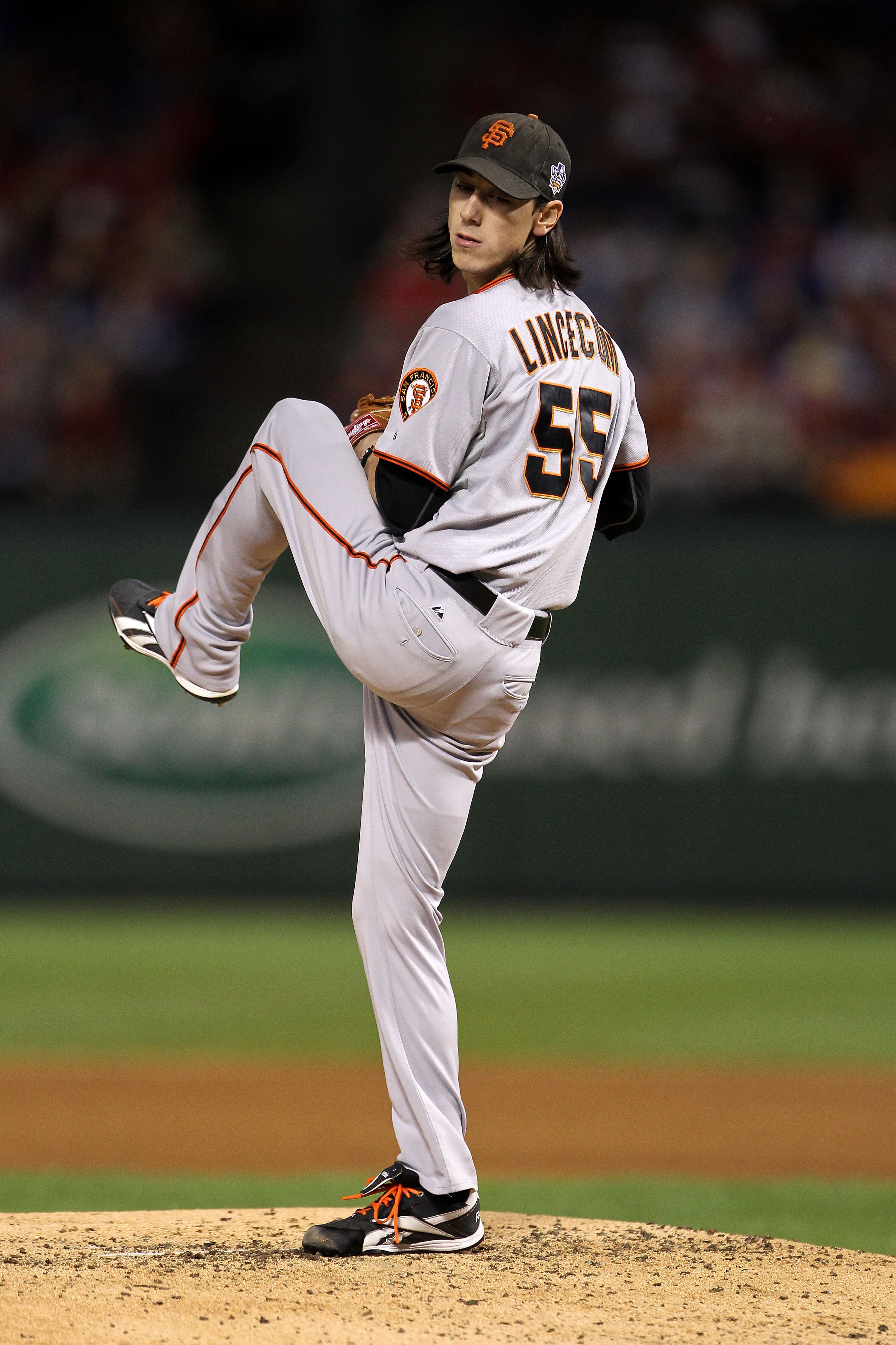 ARLINGTON, TX - NOVEMBER 01:  Starting pitcher Tim Lincecum #55 of the San Francisco Giants pitches against the Texas Rangers in Game Five of the 2010 MLB World Series at Rangers Ballpark in Arlington on November 1, 2010 in Arlington, Texas.  (Photo by Do