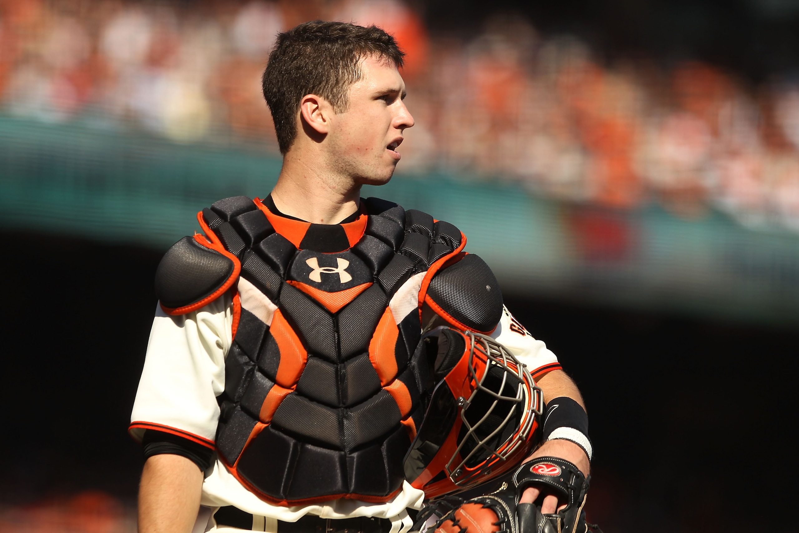 SAN FRANCISCO - OCTOBER 19: Buster Posey #28 of the San Francisco Giants stands on the field during Game Three of the NLCS against the Philadelphia Phillies during the 2010 MLB Playoffs at AT&T Park on October 19, 2010 in San Francisco, California. (Pho SAN FRANCISCO - OCTOBER 19: Buster Posey #28 of the San Francisco Giants stands on the field during Game Three of the NLCS against the Philadelphia Phillies during the 2010 MLB Playoffs at AT&T Park on October 19, 2010 in San Francisco, California. (Pho