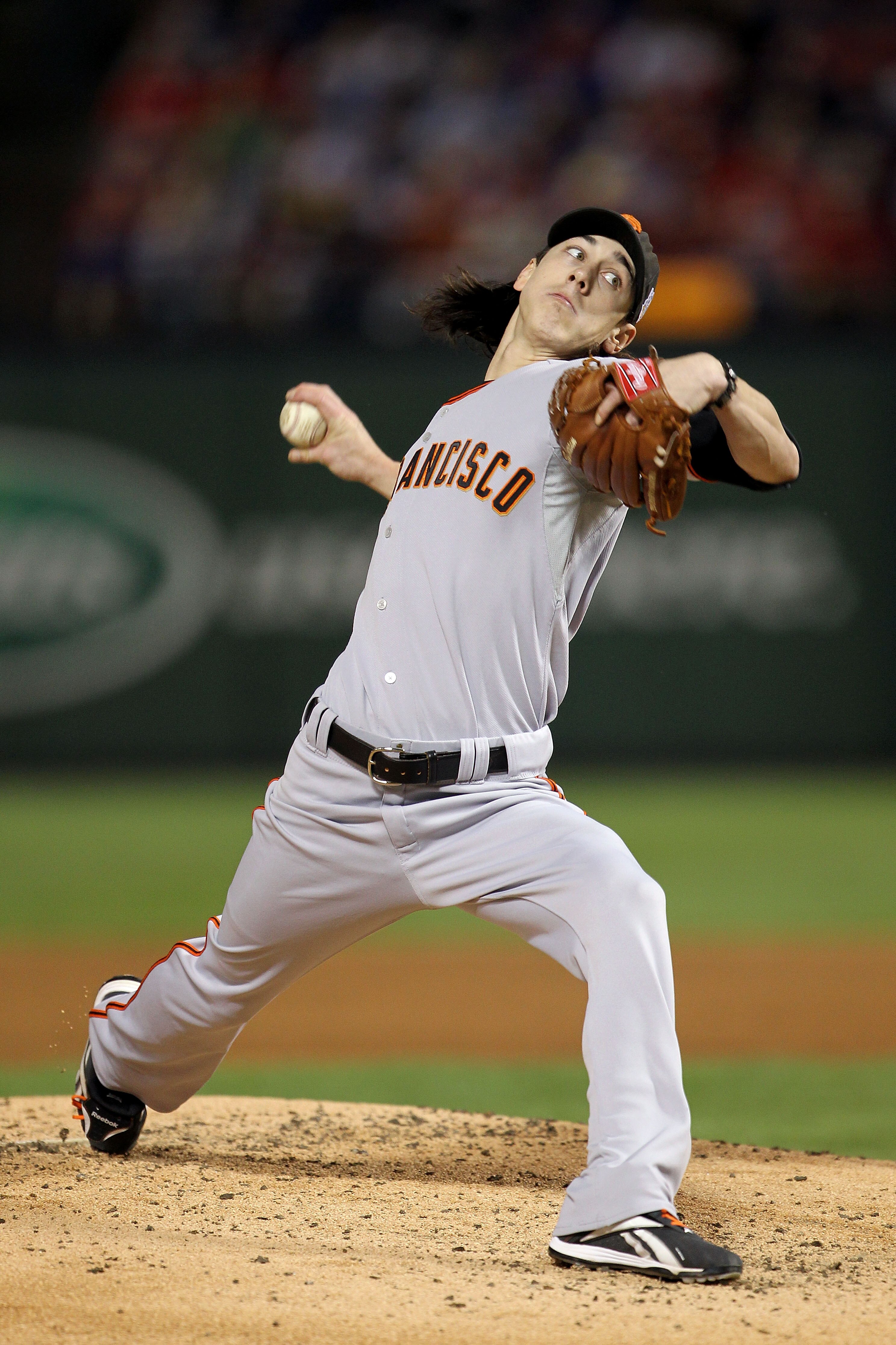 ARLINGTON, TX - NOVEMBER 01:  Starting pitcher Tim Lincecum #55 of the San Francisco Giants pitches against the Texas Rangers in Game Five of the 2010 MLB World Series at Rangers Ballpark in Arlington on November 1, 2010 in Arlington, Texas.  (Photo by Do