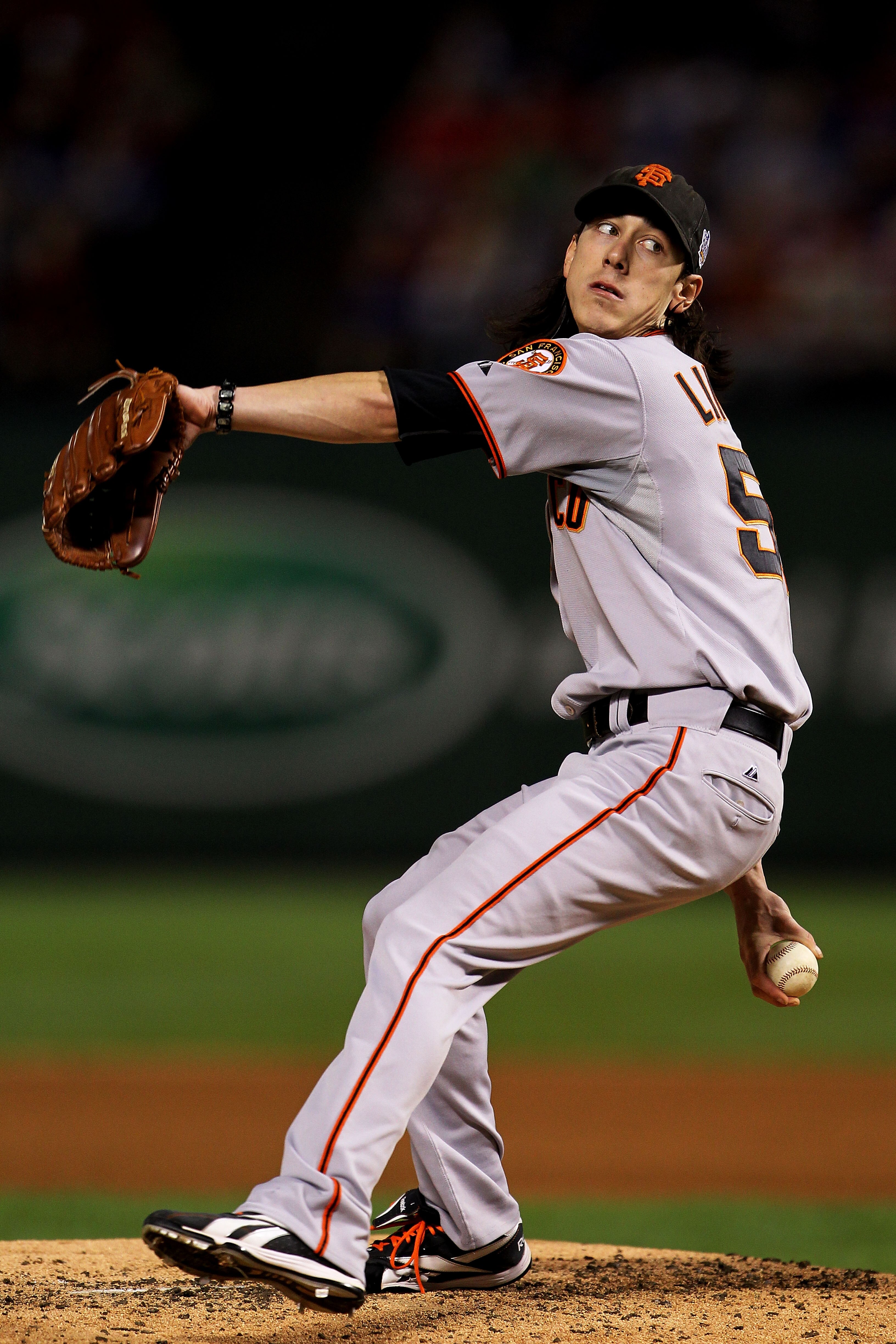 ARLINGTON, TX - NOVEMBER 01:  Starting pitcher Tim Lincecum #55 of the San Francisco Giants pitches against the Texas Rangers in Game Five of the 2010 MLB World Series at Rangers Ballpark in Arlington on November 1, 2010 in Arlington, Texas.  (Photo by Do