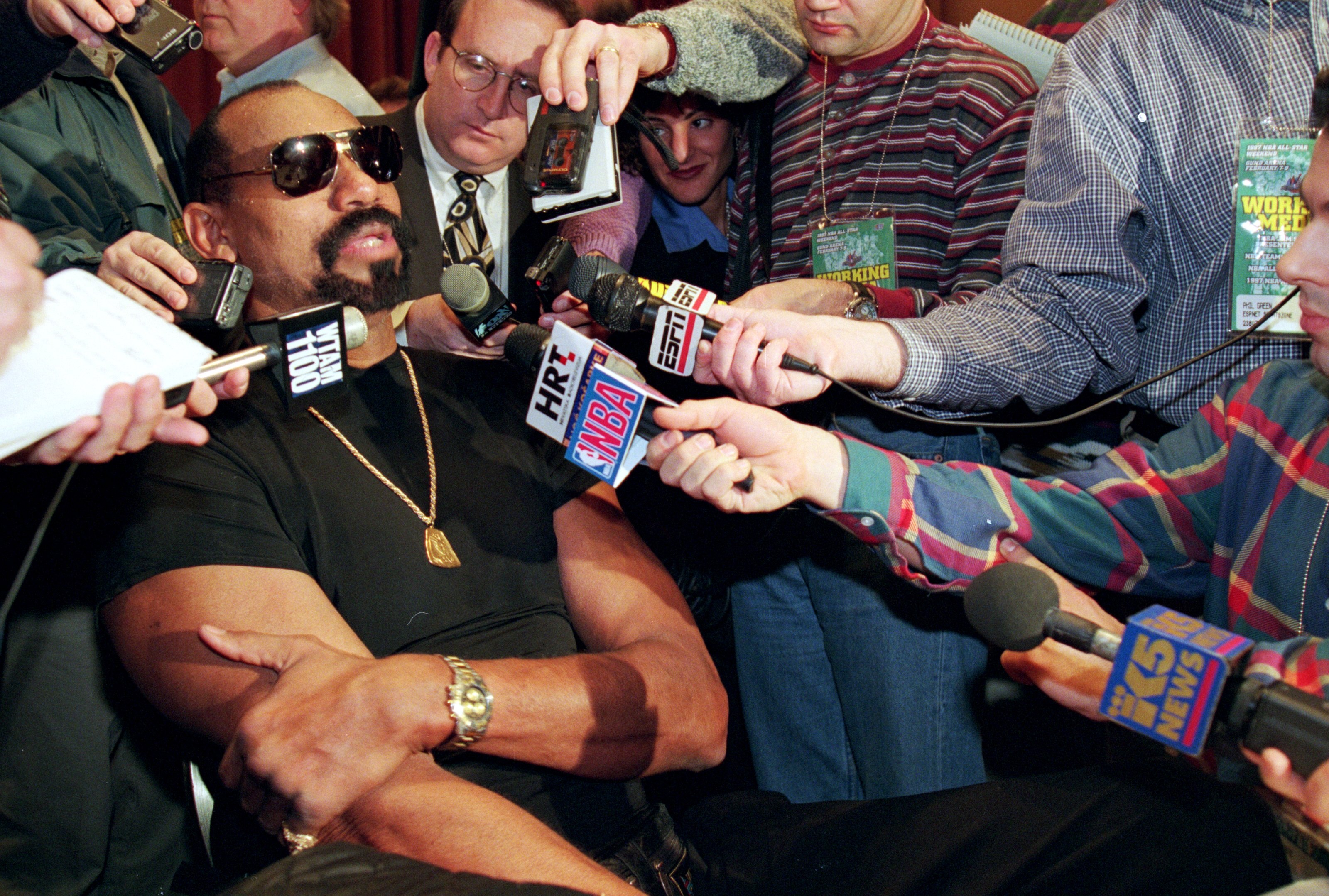 7 Feb 1997:  Former Los Angeles Laker Wilt Chamberlain addresses the media at a press conference before the NBA All-Star Game at the Renaissance Hotel in Cleveland, Ohio. Mandatory Credit: Brian Bahr  /Allsport