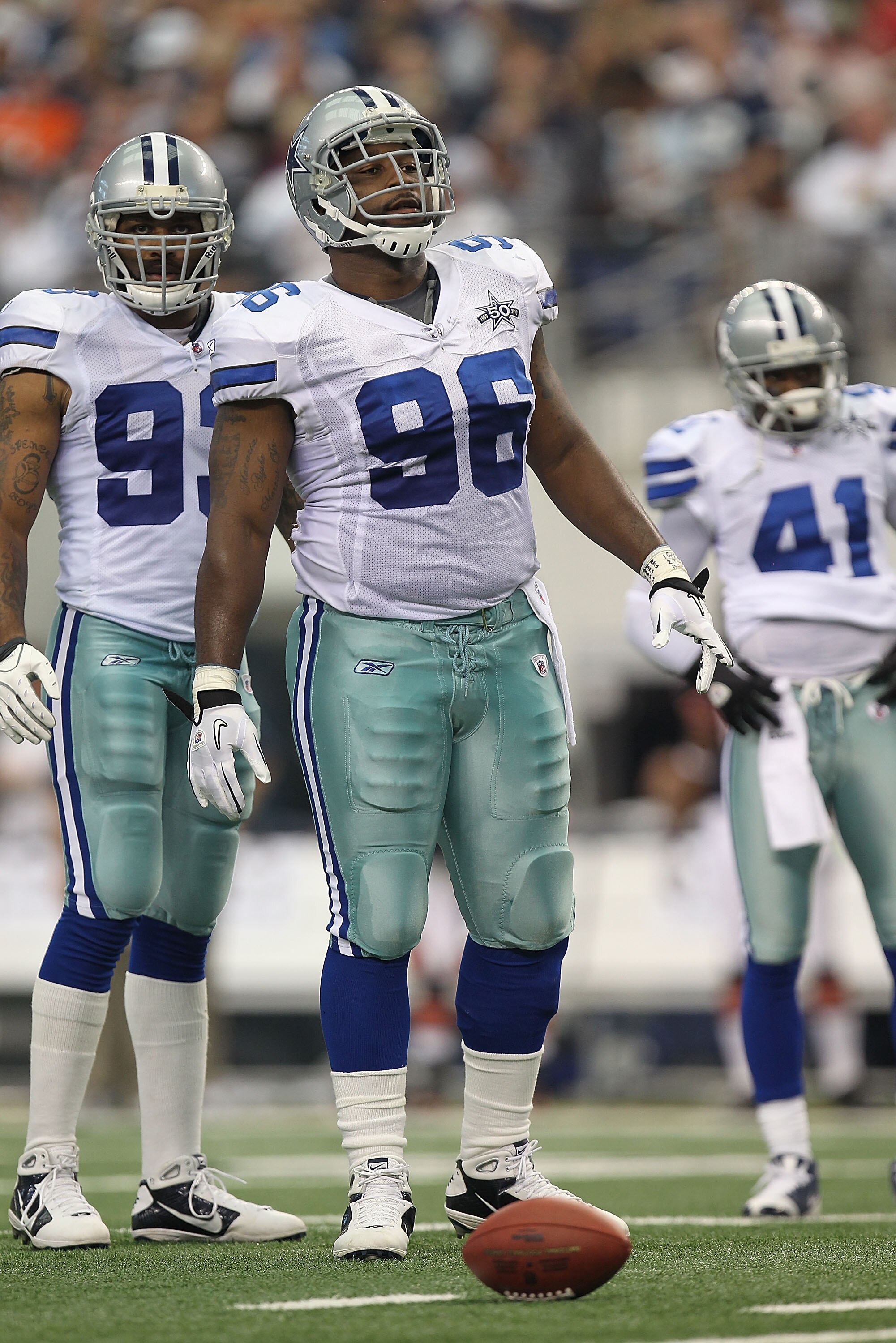 ARLINGTON, TX - SEPTEMBER 19:  Defensive end Marcus Spears #96 of the Dallas Cowboys at Cowboys Stadium on September 19, 2010 in Arlington, Texas.  (Photo by Ronald Martinez/Getty Images)