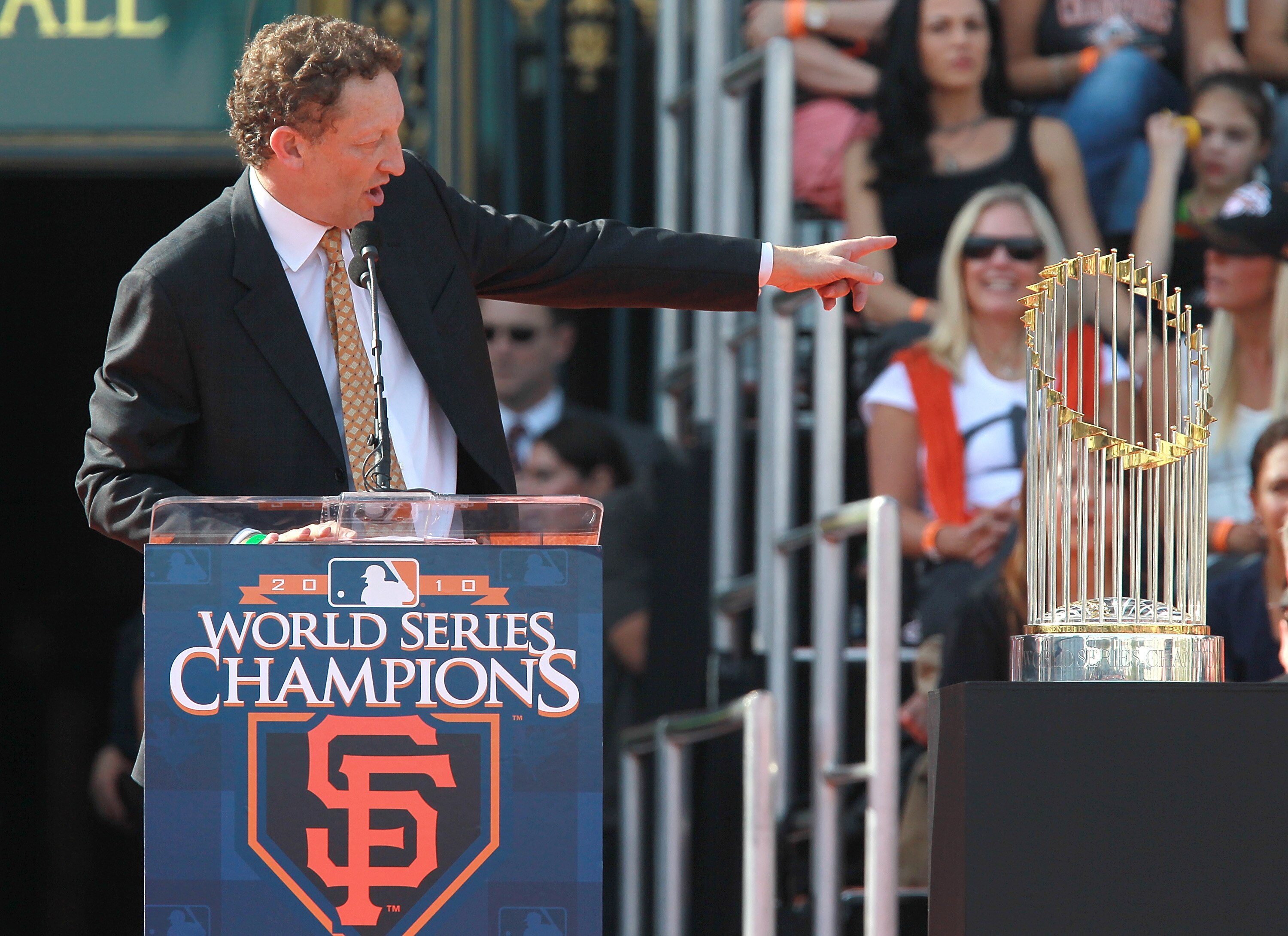 SAN FRANCISCO - NOVEMBER 03:  San Francisco Giants president Larry Baer speaks to fans during the Giants' victory parade and celebration on November 3, 2010 in San Francisco, California. Thousands of Giants fans lined the streets of San Francisco to watch