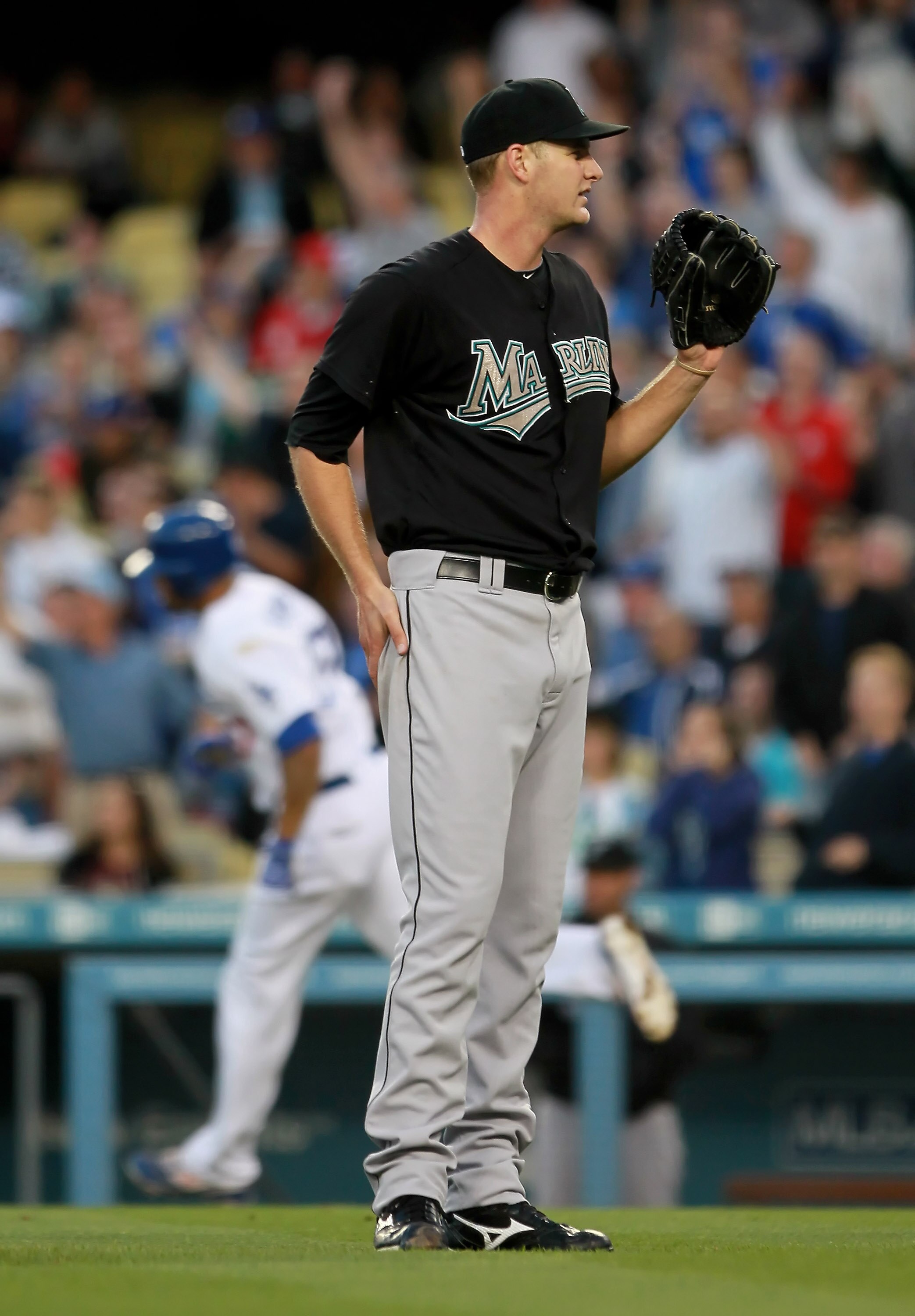 LOS ANGELES, CA - JULY 06:  Chris Volstad #41 of the Florida Marlins looks on after giving up a two-run homerun to Matt Kemp of the Los Angeles Dodgers in the second inning at Dodger Stadium on July 6, 2010 in Los Angeles, California.  (Photo by Jeff Gros