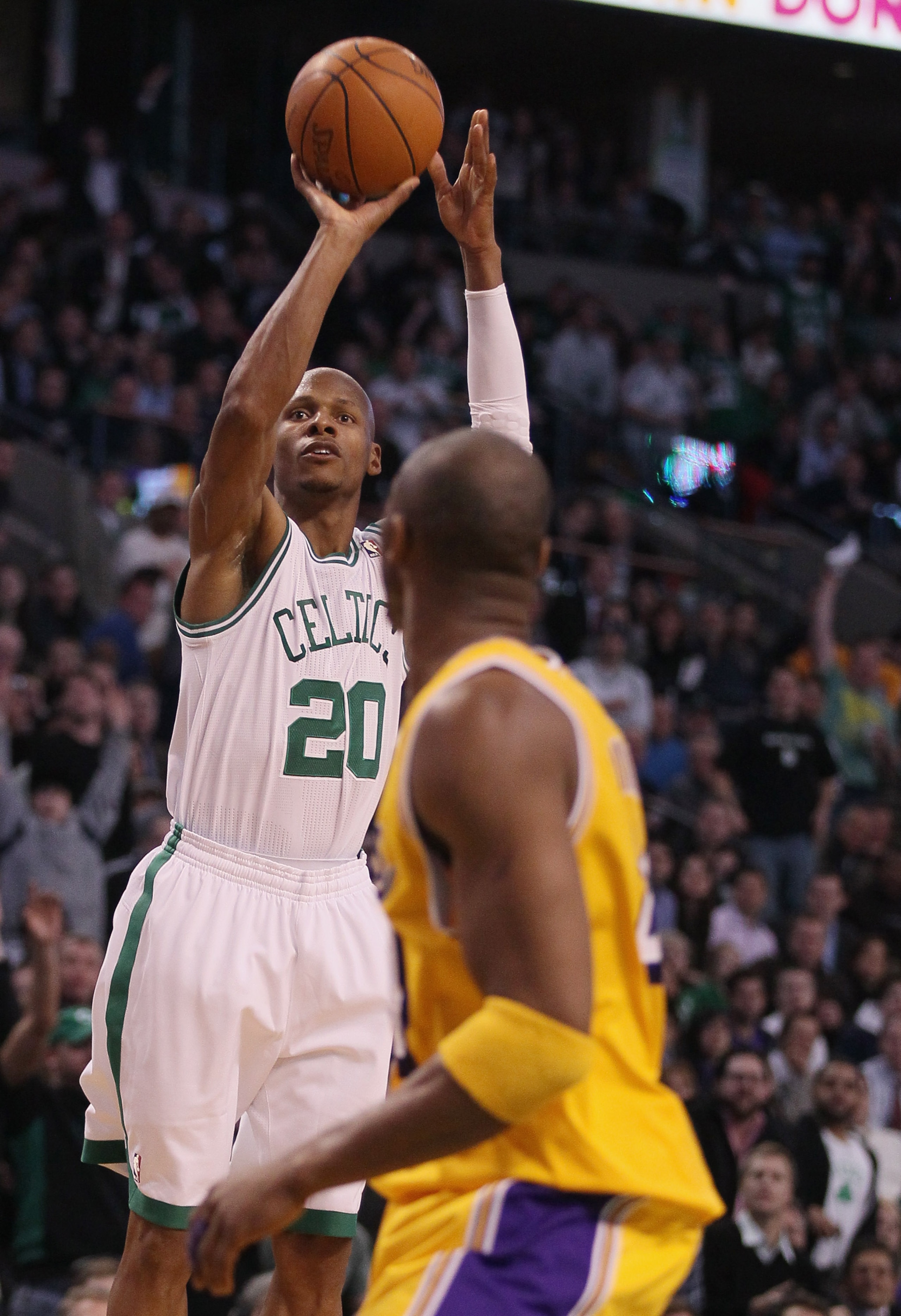 BOSTON, MA - FEBRUARY 10: Ray Allen #20 of the Boston Celtics breaks the all time 3-point shot record with this three pointer as Kobe Bryant #24 of the Los Angeles Lakers defends on February 10, 2011 at the TD Garden in Boston, Massachusetts. NOTE TO US BOSTON, MA - FEBRUARY 10: Ray Allen #20 of the Boston Celtics breaks the all time 3-point shot record with this three pointer as Kobe Bryant #24 of the Los Angeles Lakers defends on February 10, 2011 at the TD Garden in Boston, Massachusetts. NOTE TO US