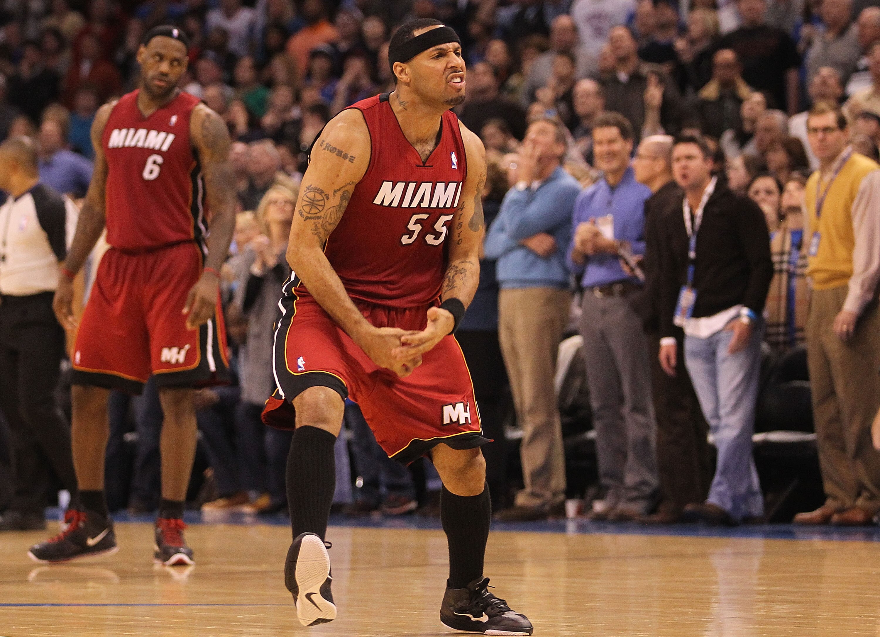 OKLAHOMA CITY, OK - JANUARY 30:  Guard Eddie House #55 of the Miami Heat celebrates after making a three-point shot during a 108-103 win against the Oklahoma City Thunder at Ford Center on January 30, 2011 in Oklahoma City, Oklahoma.  NOTE TO USER: User e