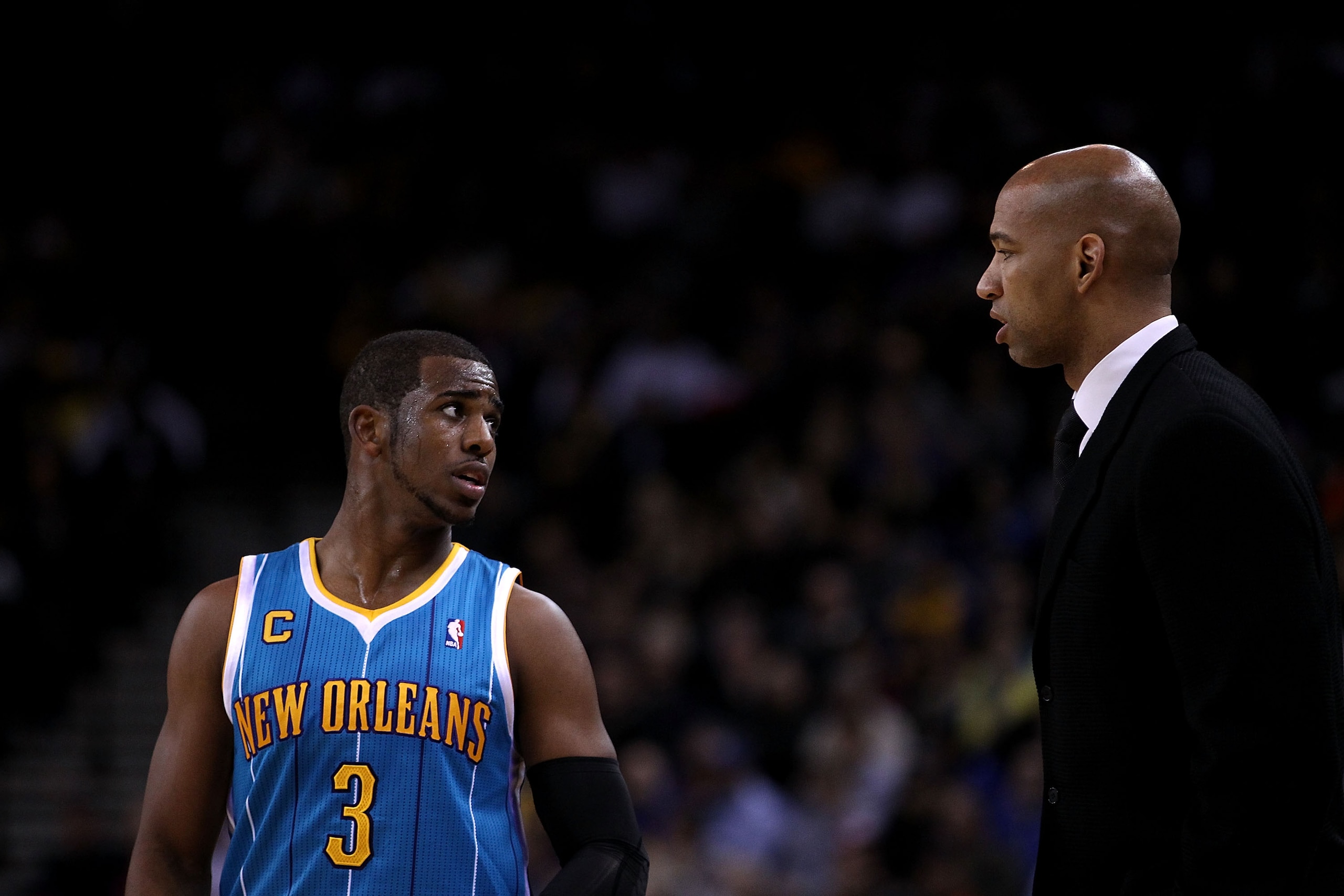 OAKLAND, CA - FEBRUARY 15: Chris Paul #3 of the New Orleans Hornets speaks to head coach Monty Williams at Oracle Arena on February 15, 2011 in Oakland, California. NOTE TO USER: User expressly acknowledges and agrees that, by downloading and or using th OAKLAND, CA - FEBRUARY 15: Chris Paul #3 of the New Orleans Hornets speaks to head coach Monty Williams at Oracle Arena on February 15, 2011 in Oakland, California. NOTE TO USER: User expressly acknowledges and agrees that, by downloading and or using th