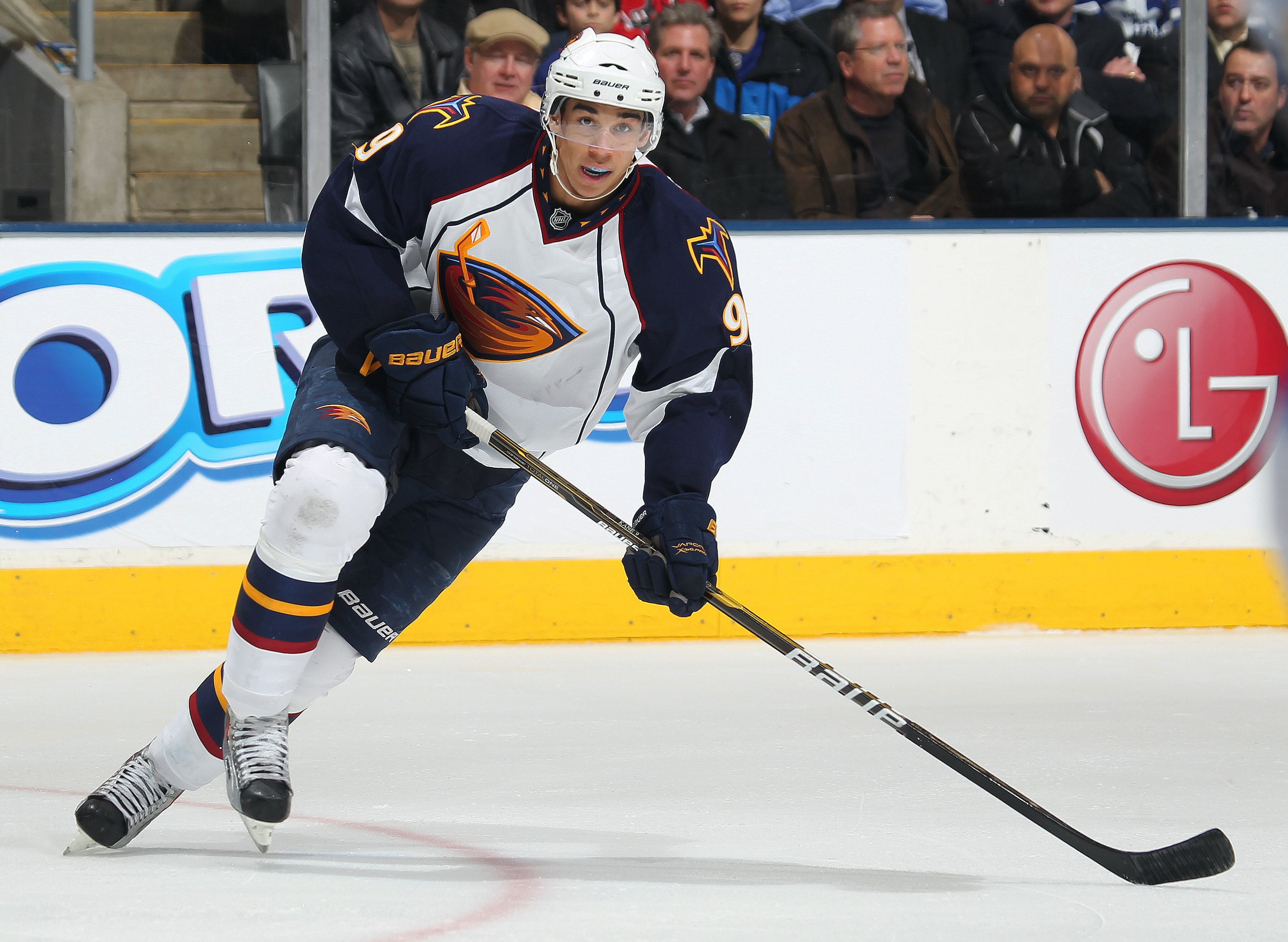 TORONTO, CAN - FEBRUARY 7:  Evander Kane #9 of the Atlanta Thrashers skates in a game against the Toronto Maple Leafs on February 7, 2011 at the Air Canada Centre in Toronto, Canada. The Leafs defeated the Thrashers 5-4. (Photo by Claus Andersen/Getty Ima