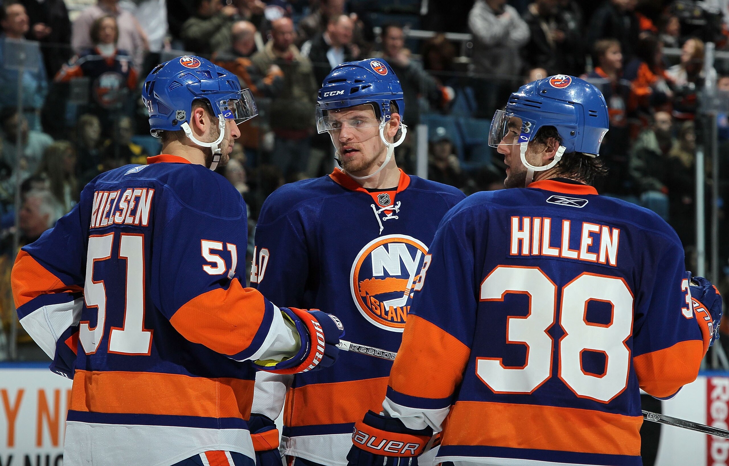 UNIONDALE, NY - FEBRUARY 11: Michael Grabner #40, Jack Hillen #38 and Frans Nielsen #51 of the New York Islanders against the Pittsburgh Penguins on February 11, 2011 at Nassau Coliseum in Uniondale, New York. The Isles defeated the Pens 9-3. (Photo by UNIONDALE, NY - FEBRUARY 11: Michael Grabner #40, Jack Hillen #38 and Frans Nielsen #51 of the New York Islanders against the Pittsburgh Penguins on February 11, 2011 at Nassau Coliseum in Uniondale, New York. The Isles defeated the Pens 9-3. (Photo by