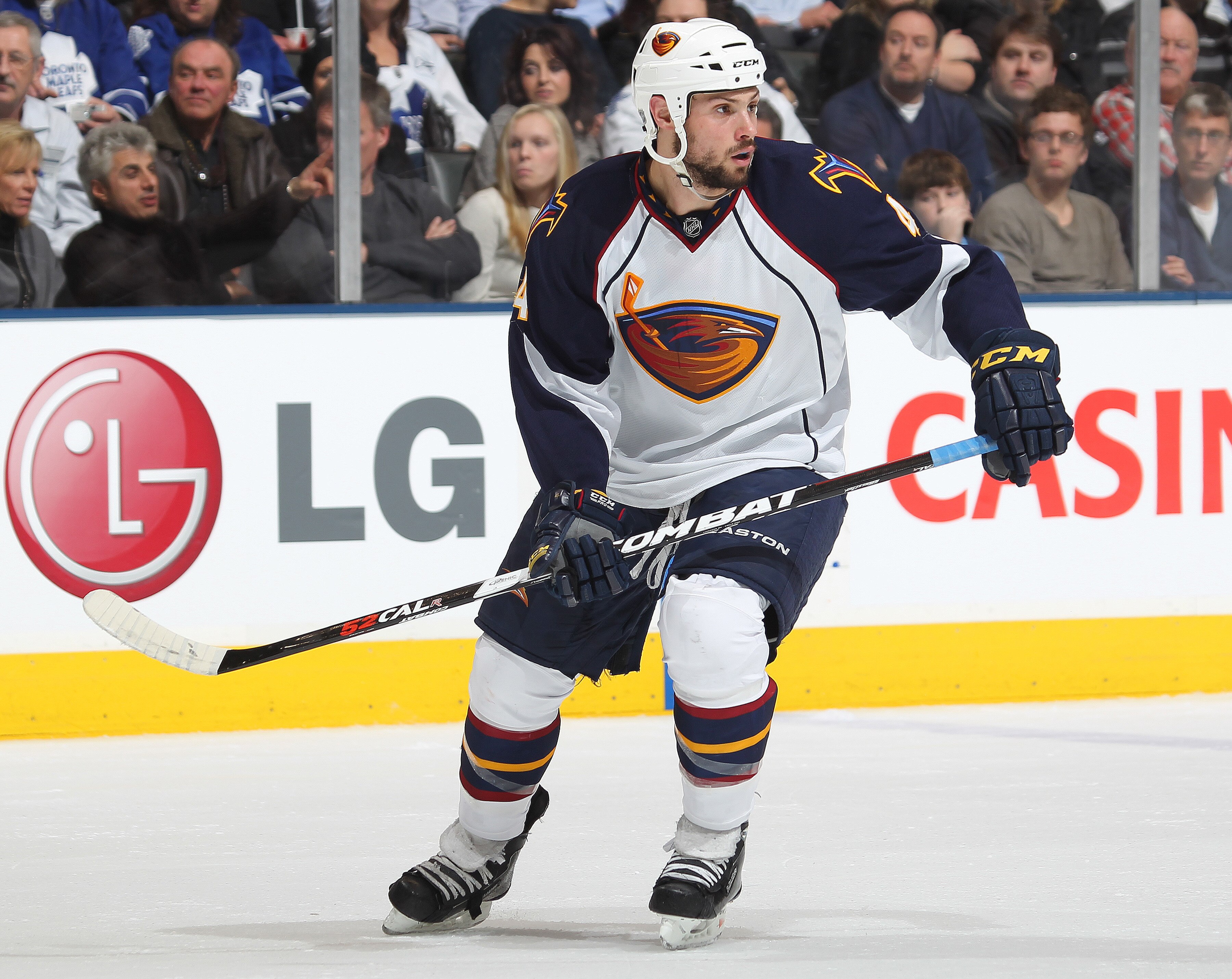 TORONTO, CAN - FEBRUARY 7:  Zach Bogosian #4 of the Atlanta Thrashers skates in a game against the Toronto Maple Leafs on February 7, 2011 at the Air Canada Centre in Toronto, Canada. The Leafs defeated the Thrashers 5-4. (Photo by Claus Andersen/Getty Im