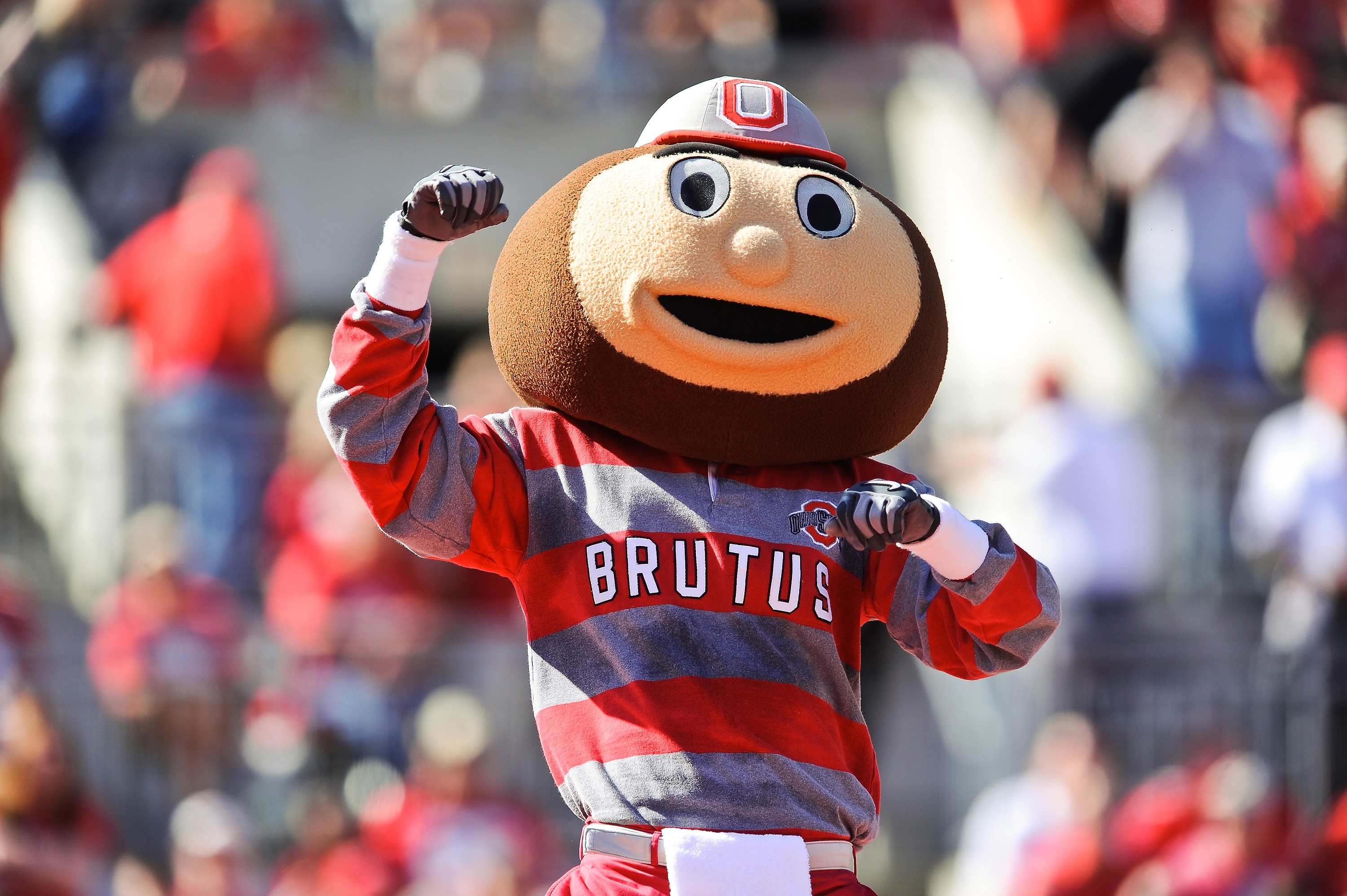 COLUMBUS, OH - OCTOBER 9:  Mascot Brutus Buckeye of the Ohio State Buckeyes cheers on the team during a game against the Indiana Hoosiers at Ohio Stadium on October 9, 2010 in Columbus, Ohio.  (Photo by Jamie Sabau/Getty Images)