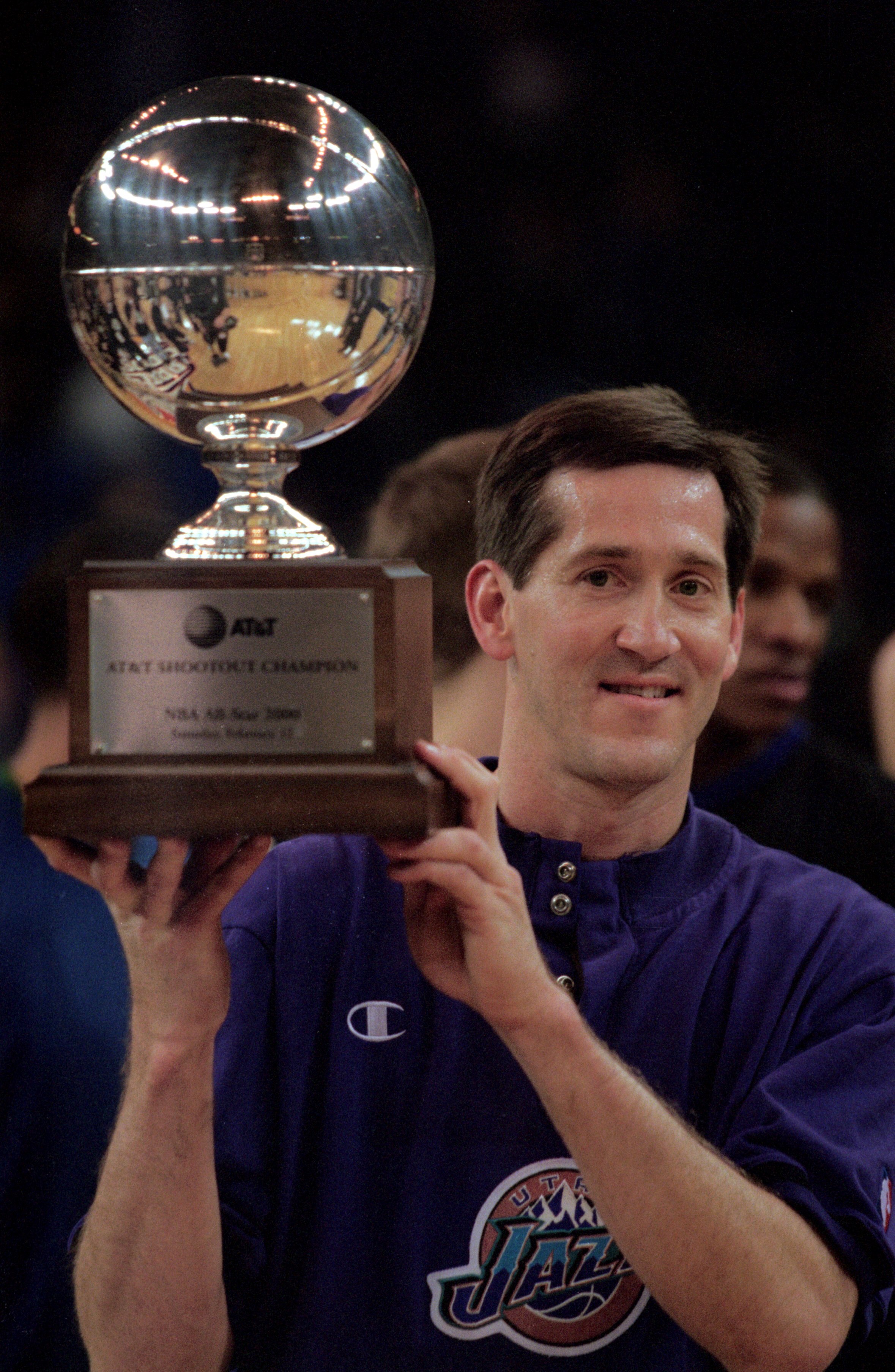 12 Feb 2000: Jeff Hornacek of the Utah Jazz holds up the trophy after winning the NBA Allstar Game AT&T Shootout Contest at the Oakland Coliseum in Oakland, California.   Mandatory Credit: Jed Jacobsohn  /Allsport