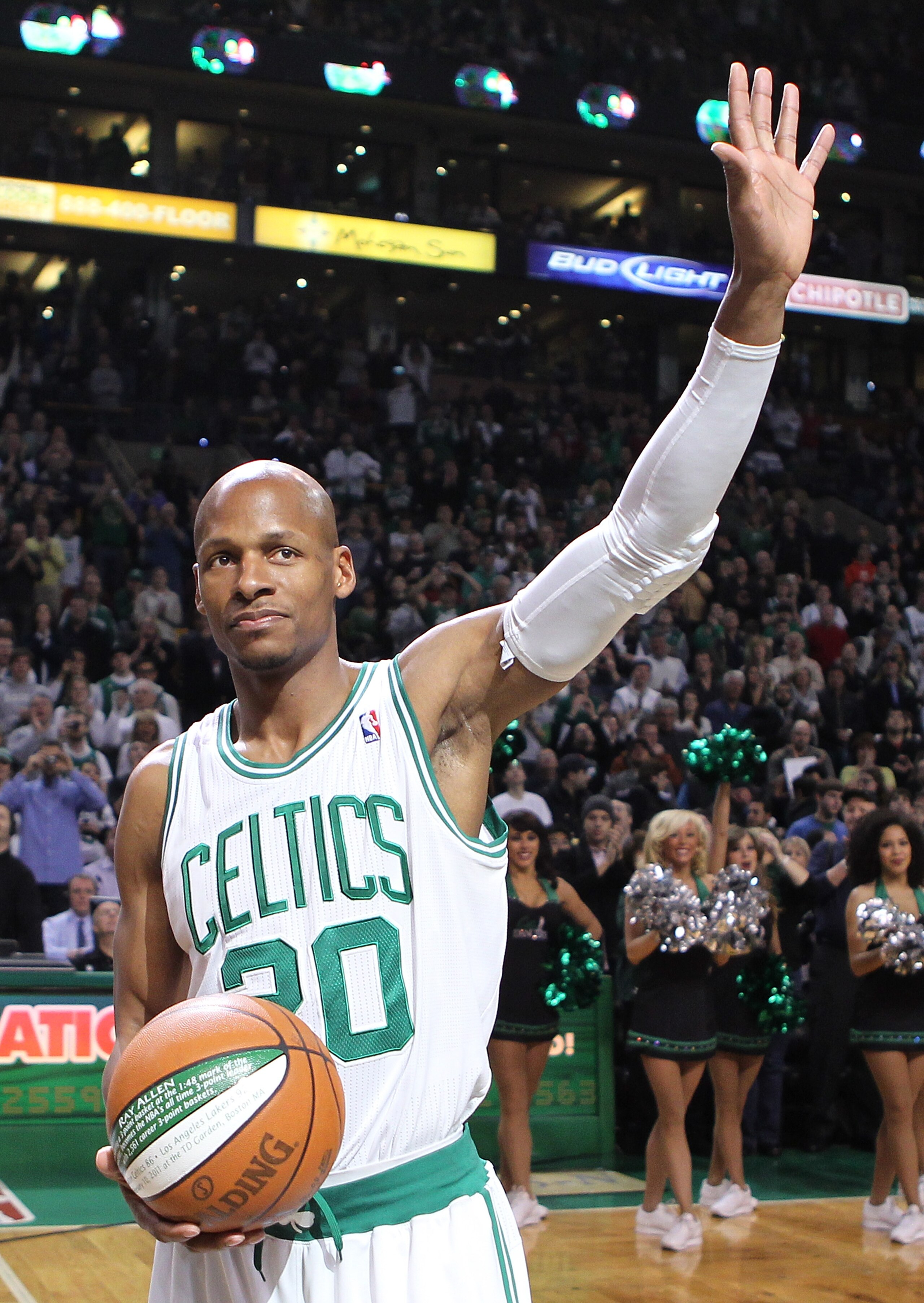 BOSTON - FEBRUARY 13: Ray Allen #20 of the Boston Celtics is recognized for setting the NBA three-point record before a game against the Miami Heat at TD Garden on February 13, 2011 in Boston, Massachusetts. NOTE TO USER: User expressly acknowledges and BOSTON - FEBRUARY 13: Ray Allen #20 of the Boston Celtics is recognized for setting the NBA three-point record before a game against the Miami Heat at TD Garden on February 13, 2011 in Boston, Massachusetts. NOTE TO USER: User expressly acknowledges and