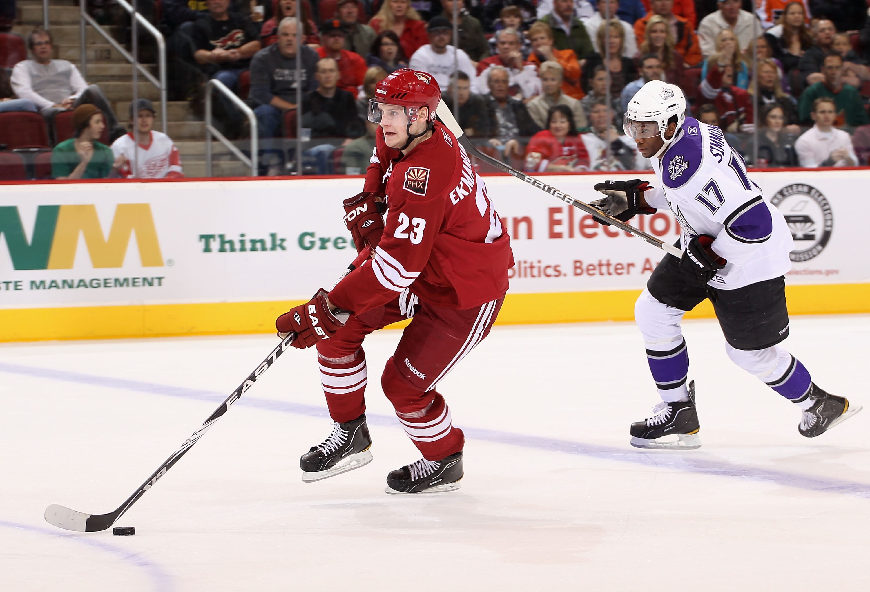 GLENDALE, AZ - JANUARY 22:  Oliver Ekman-Larsson #23 of the Phoenix Coyotes skates with the puck during the NHL game against the Los Angeles Kings at Jobing.com Arena on January 22, 2011 in Glendale, Arizona.  The Kings defeated the Coyotes 4-3.  (Photo b