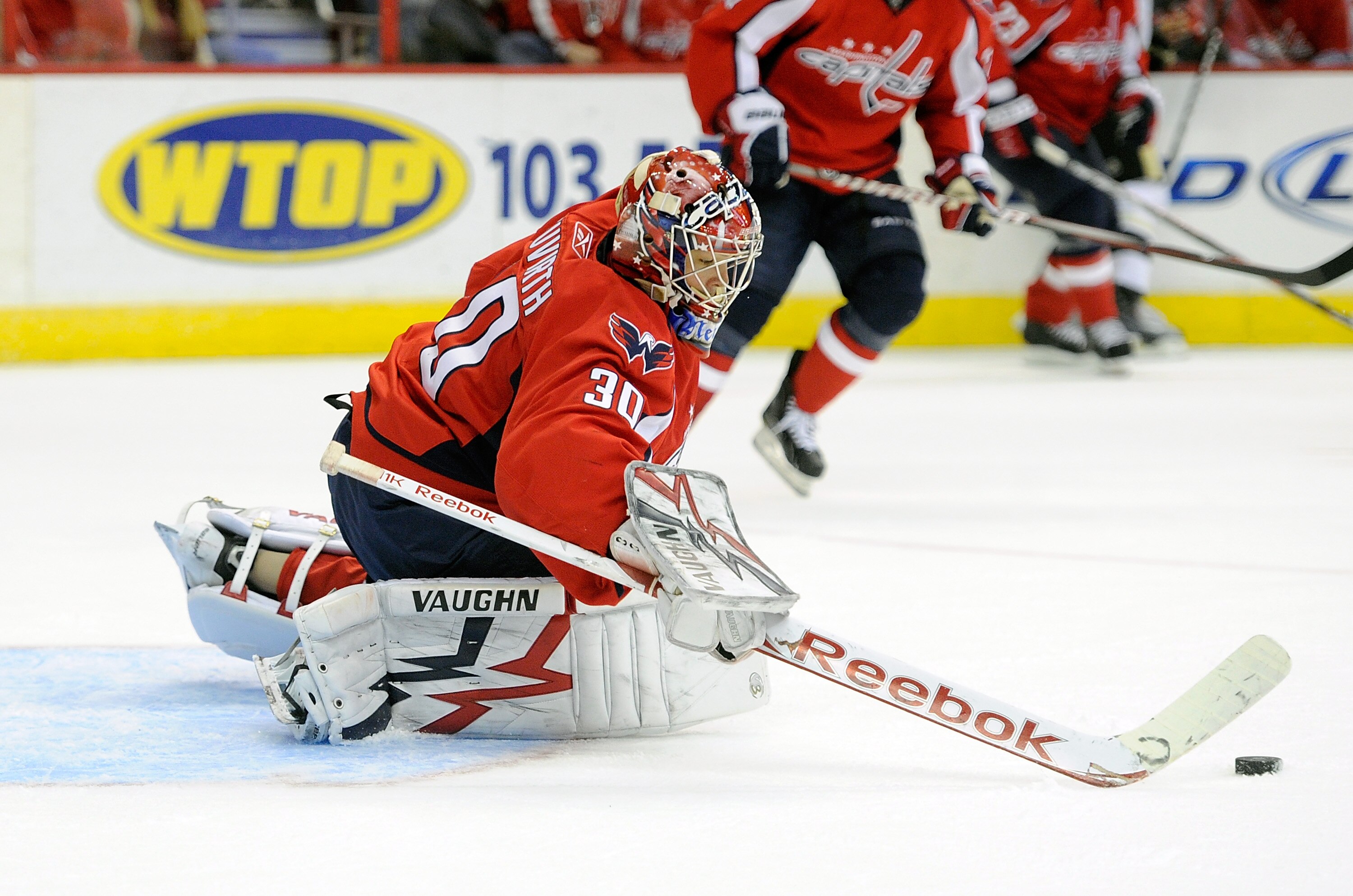 WASHINGTON, DC - FEBRUARY 06:  Michal Neuvirth #30 of the Washington Capitals makes a save against the Pittsburgh Penguins at the Verizon Center on February 6, 2011 in Washington, DC.  (Photo by Greg Fiume/Getty Images)