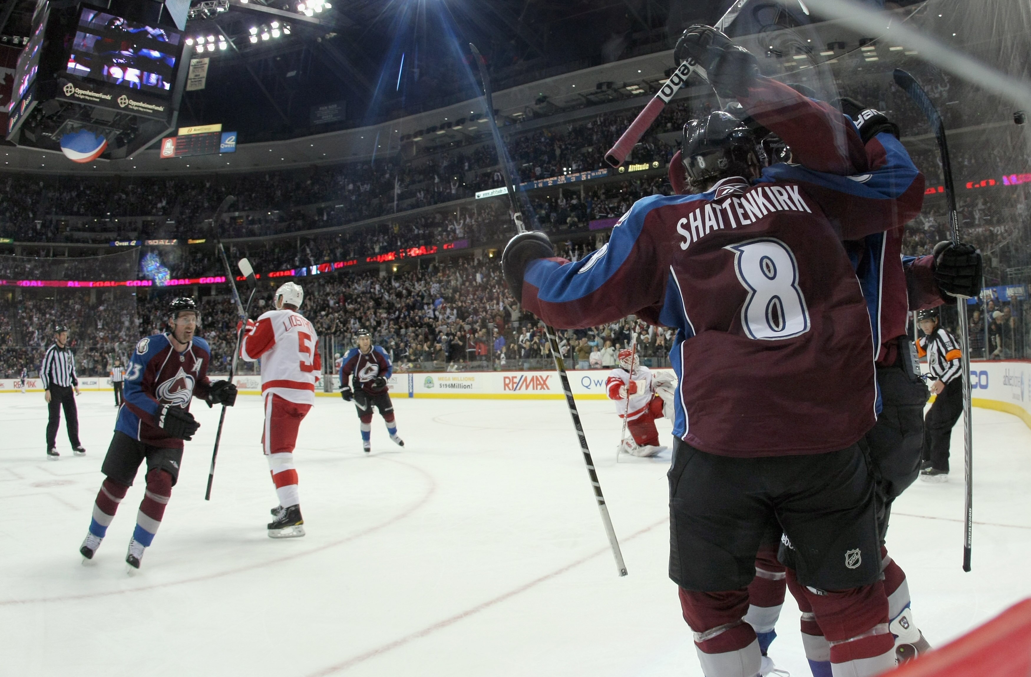 DENVER - DECEMBER 27:  Matt Duchene #9 of the Colorado Avalanche celebrates his third period goal with Kevin Shattenkirk #8 and Milan Hejduk #23 against the Detroit Red Wings at the Pepsi Center on December 27, 2010 in Denver, Colorado. The Red Wings defe