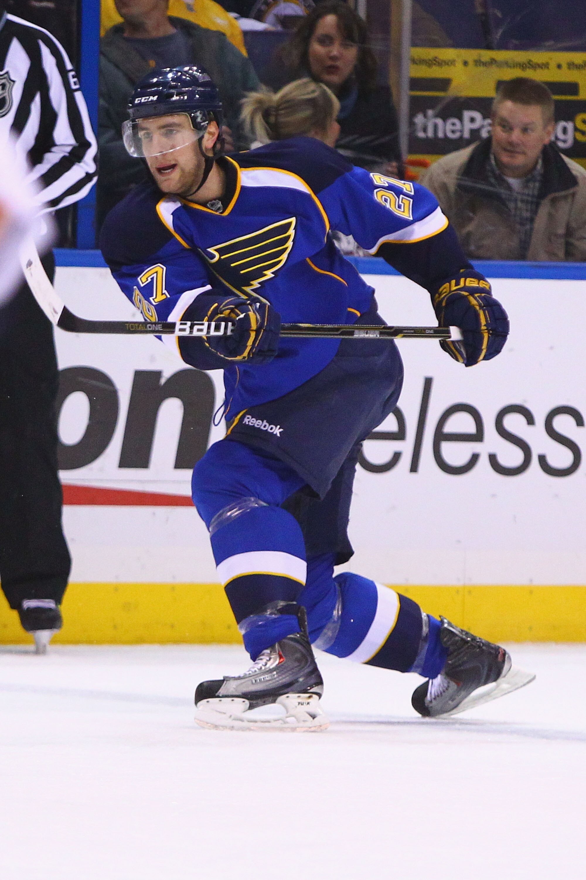 ST. LOUIS, MO - FEBRUARY  4: Alex Pietrangelo #27 of the St. Louis Blues shoots and scores a goal against the Edmonton Oilers at the Scottrade Center on February 4, 2011 in St. Louis, Missouri.  (Photo by Dilip Vishwanat/Getty Images)