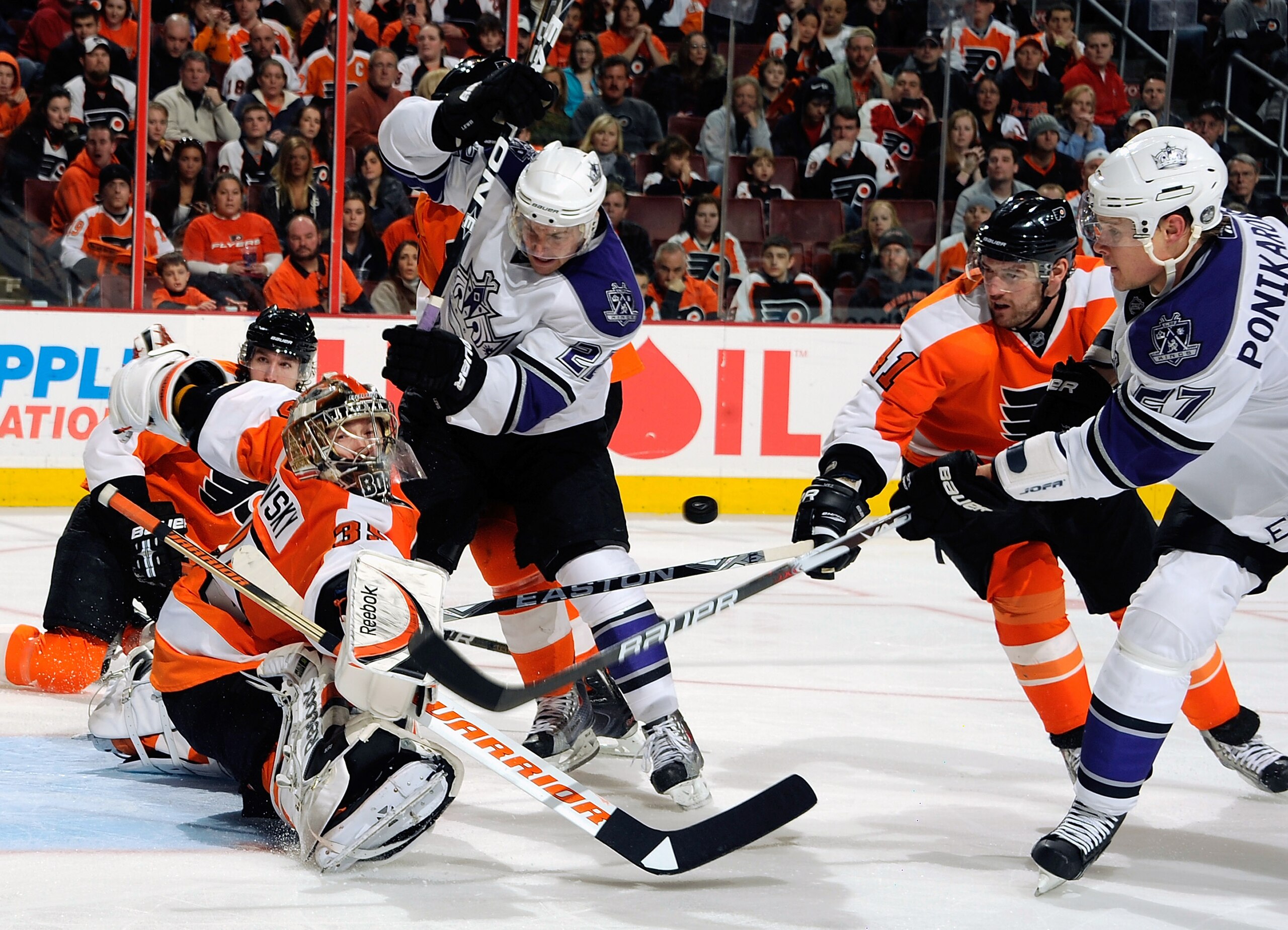 PHILADELPHIA - FEBRUARY 13:  Alexei Ponikarovsky #27 of the Los Angeles Kings has his shot blocked by Sergei Bobrovsky #35 of the Philadelphia Flyers on February 13, 2011 at the Wells Fargo Center in Philadelphia, Pennsylvania.  (Photo by Lou Capozzola/Ge