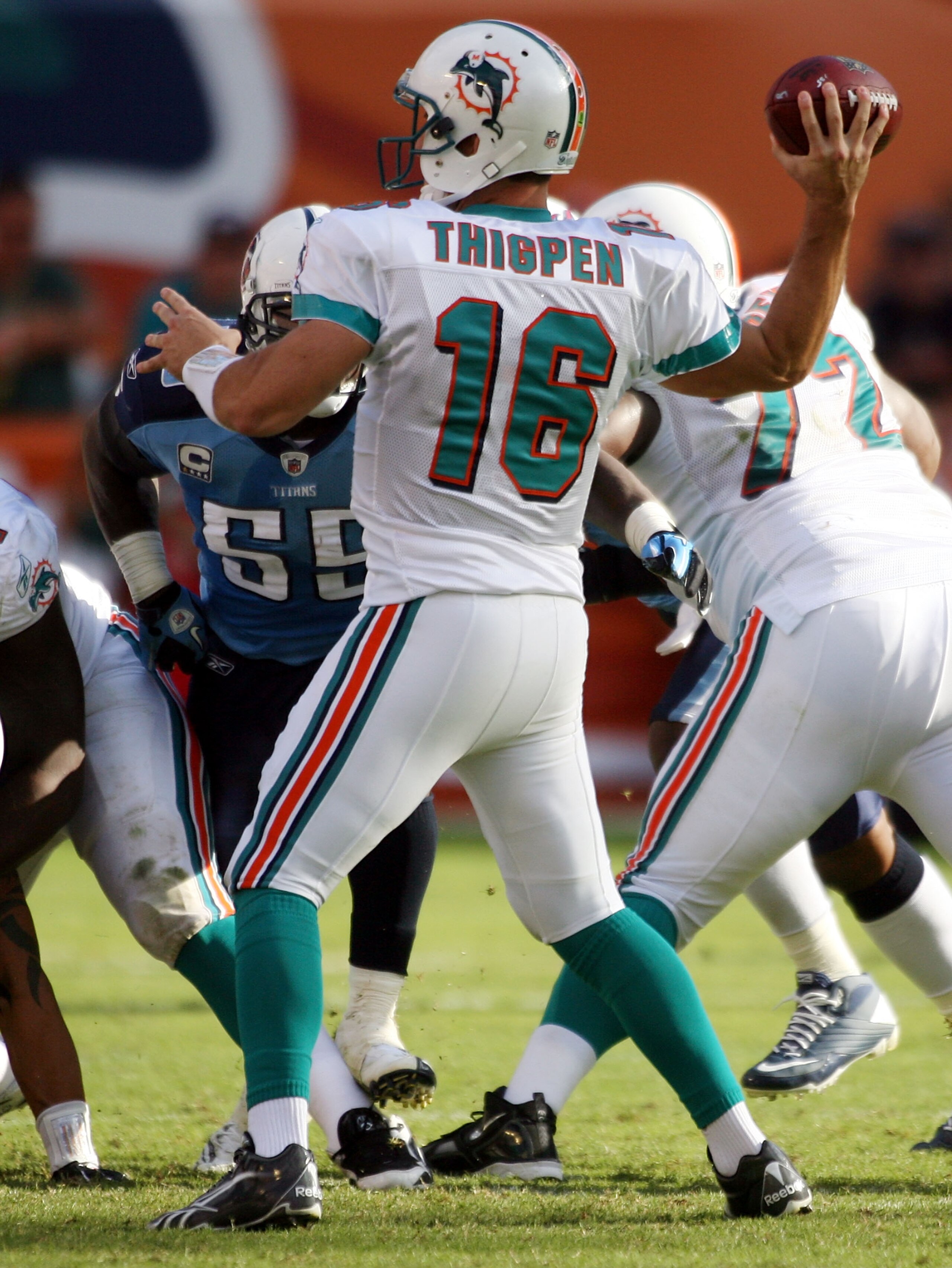 MIAMI - NOVEMBER 14: Quarterback Tyler Thigpen #16 of the Miami Dolphins passes against the Tennessee Titans at Sun Life Stadium on November 14, 2010 in Miami, Florida. (Photo by Marc Serota/Getty Images) MIAMI - NOVEMBER 14: Quarterback Tyler Thigpen #16 of the Miami Dolphins passes against the Tennessee Titans at Sun Life Stadium on November 14, 2010 in Miami, Florida. (Photo by Marc Serota/Getty Images)