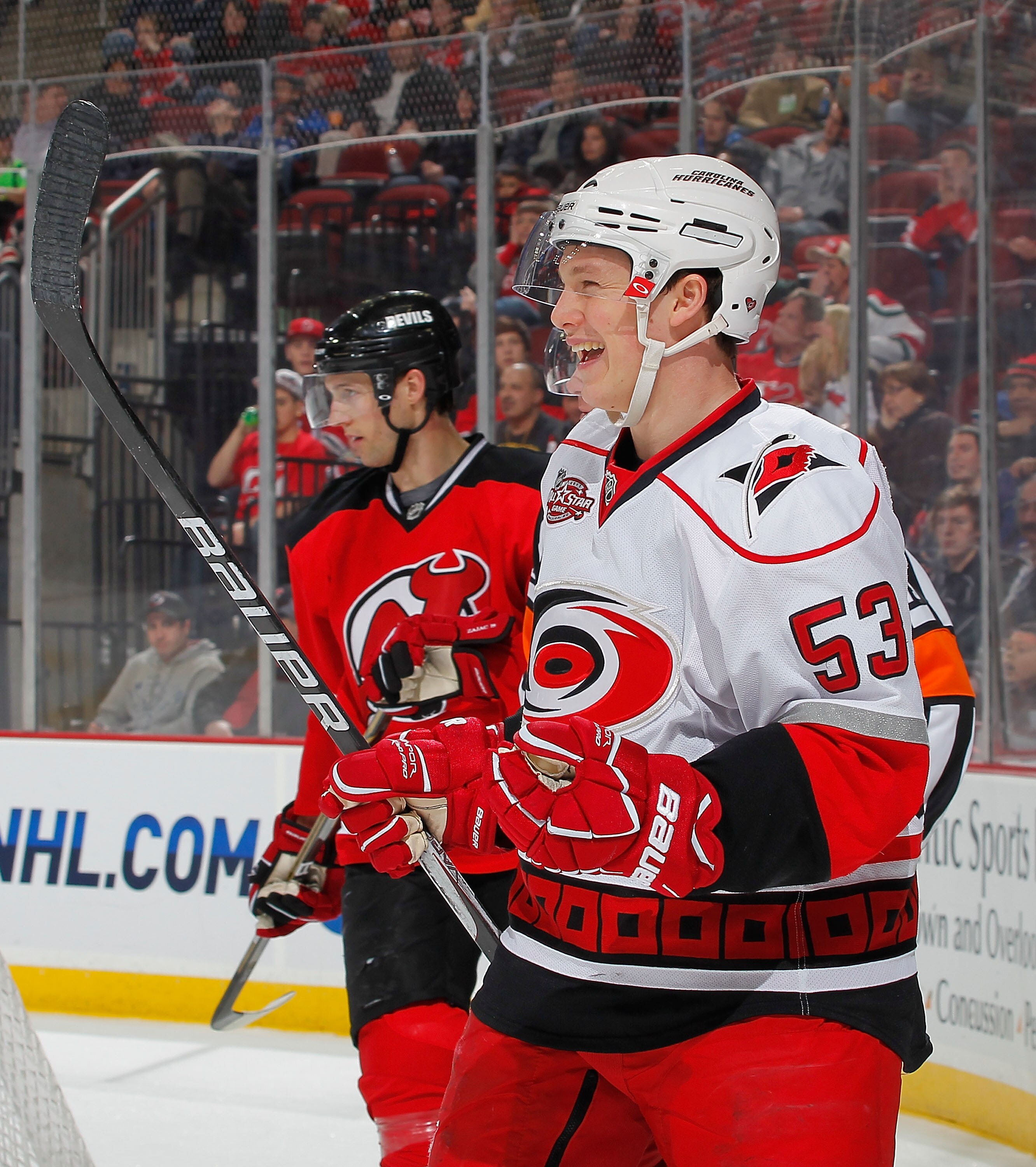 NEWARK, NJ - FEBRUARY 08: Jeff Skinner #53 of the Carolina Hurricanes celebrates his goal against the New Jersey Devils the third period of an NHL hockey game at the Prudential Center on February 8, 2011 in Newark, New Jersey. Devils won 3-2 in overtime.
