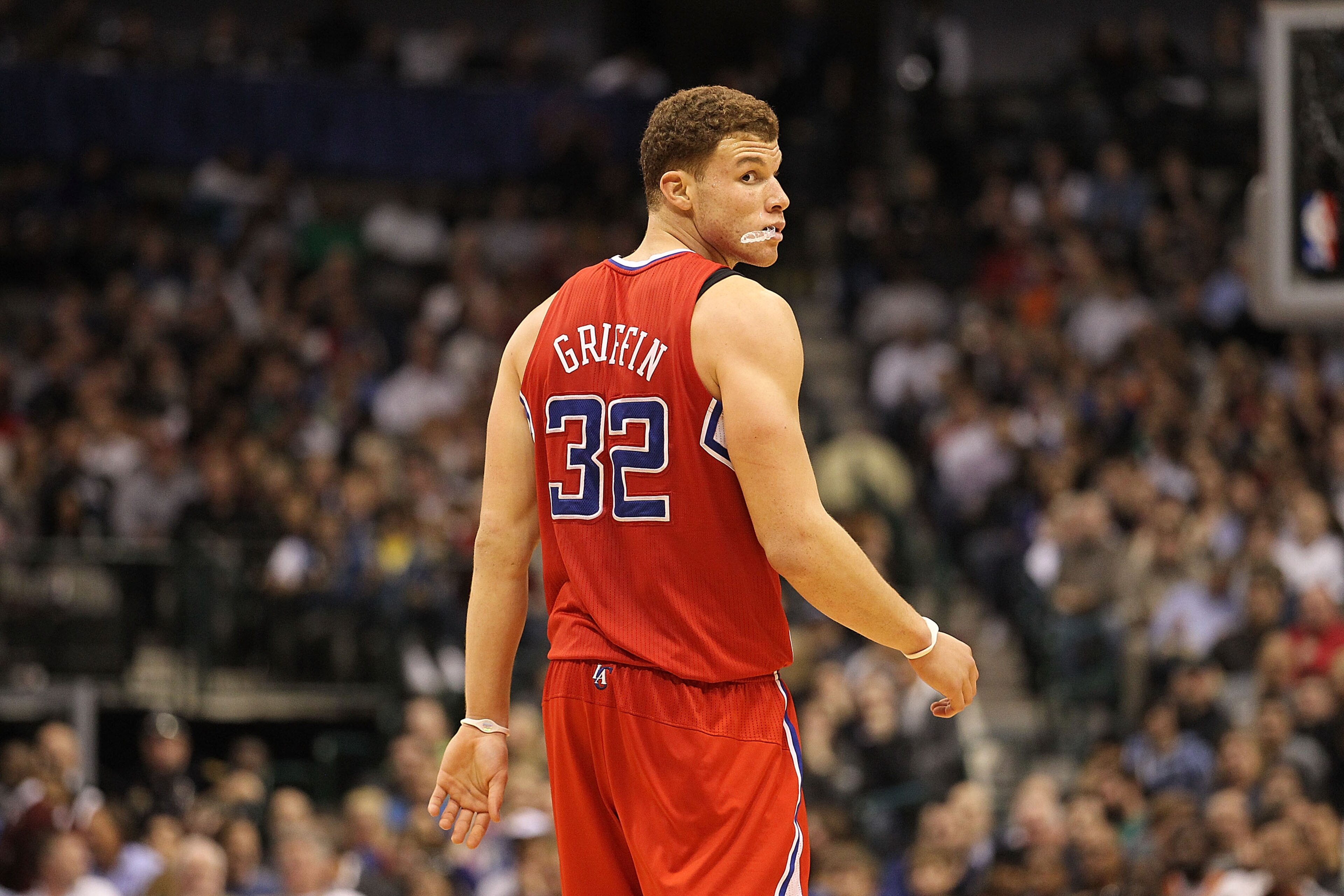 DALLAS, TX - JANUARY 25:  Forward Blake Griffin #32 of the Los Angeles Clippers takes a shot against Brendan Haywood #33 of the Dallas Mavericks at American Airlines Center on January 25, 2011 in Dallas, Texas.  NOTE TO USER: User expressly acknowledges a