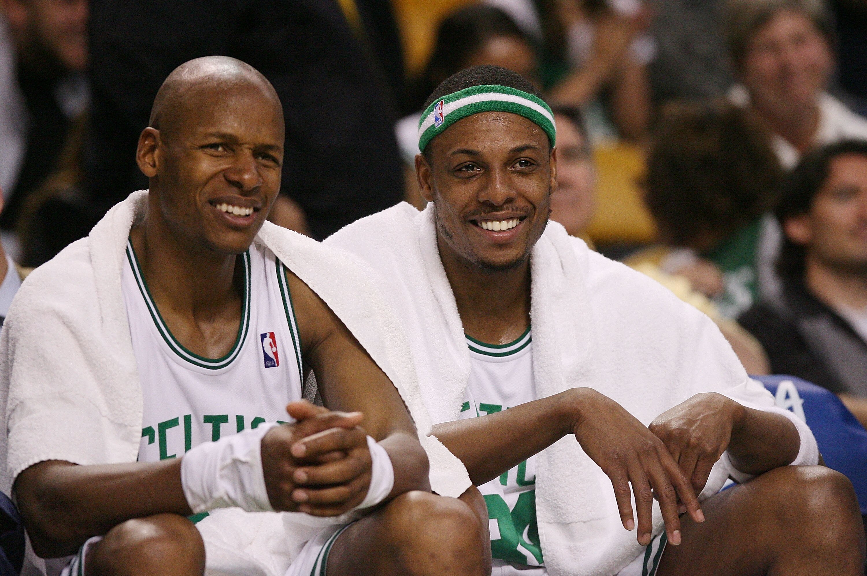 BOSTON - MAY 06:  Ray Allen #20 and Paul Pierce #34 of the Boston Celtics celebrate a win over the Orlando Magic in Game Two of the Eastern Conference Semifinals during the 2009 NBA Playoffs at TD Banknorth Garden on May 6, 2009 in Boston, Massachusetts.
