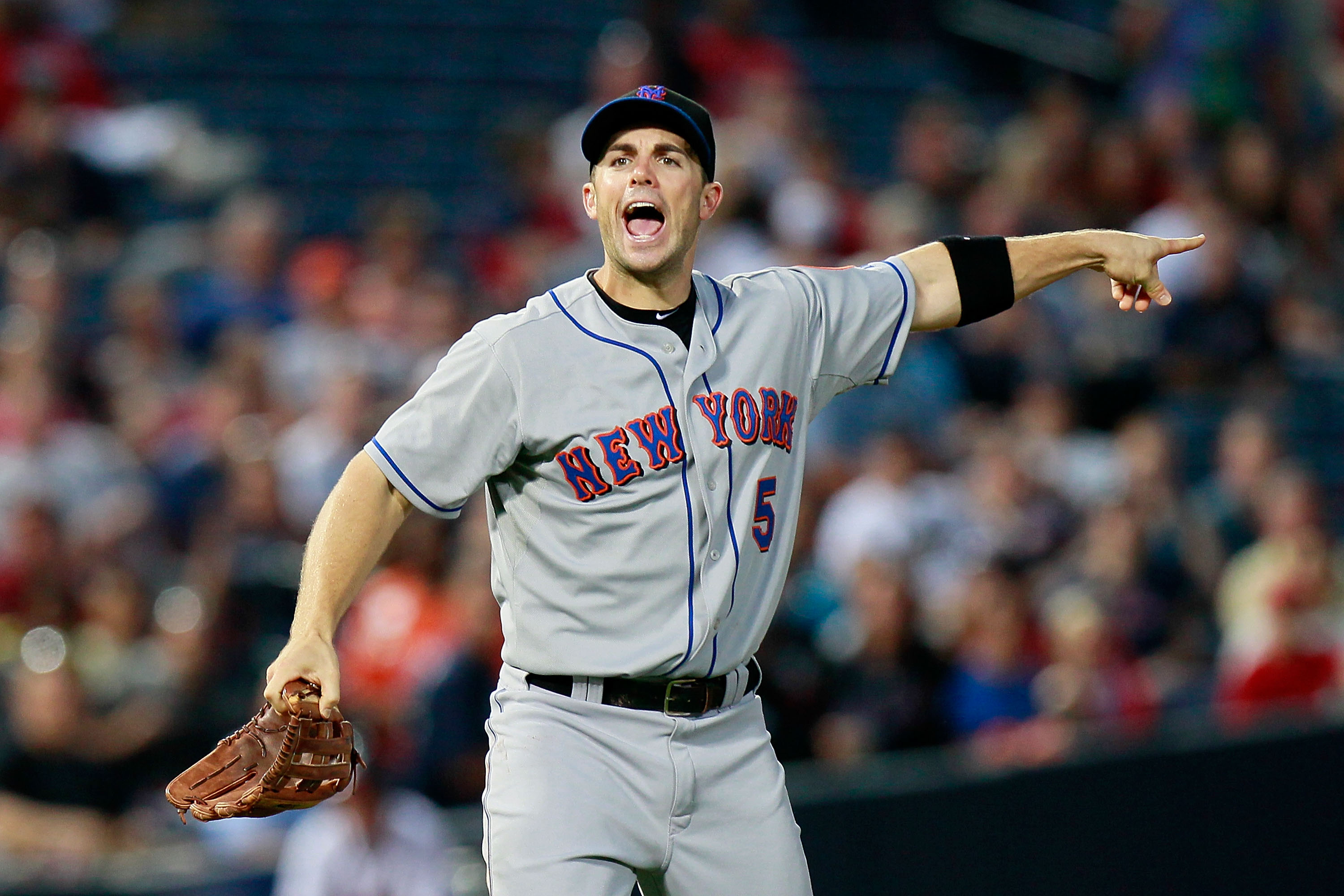 ATLANTA - SEPTEMBER 01:  David Wright #5 of the New York Mets points to second base after a double play ball by the Atlanta Braves at Turner Field on September 1, 2010 in Atlanta, Georgia.  (Photo by Kevin C. Cox/Getty Images)