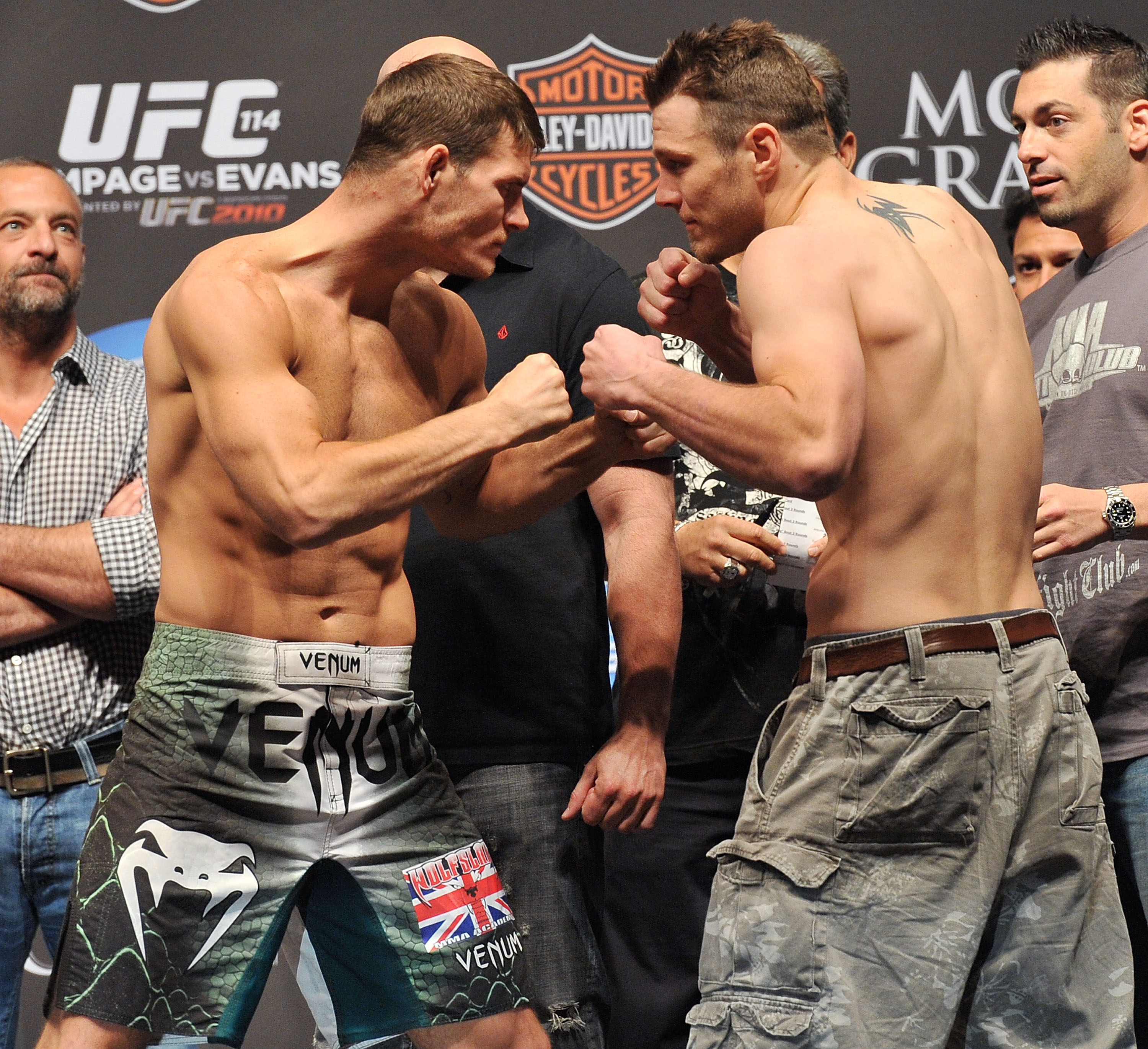 LAS VEGAS - MAY 28:  UFC fighter Michael Bisping faces off against UFC fighter Dan Miller at UFC 114: Rampage versus Rashad at the Mandalay Bay Hotel on May 28, 2010 in Las Vegas, Nevada.  (Photo by Jon Kopaloff/Getty Images)