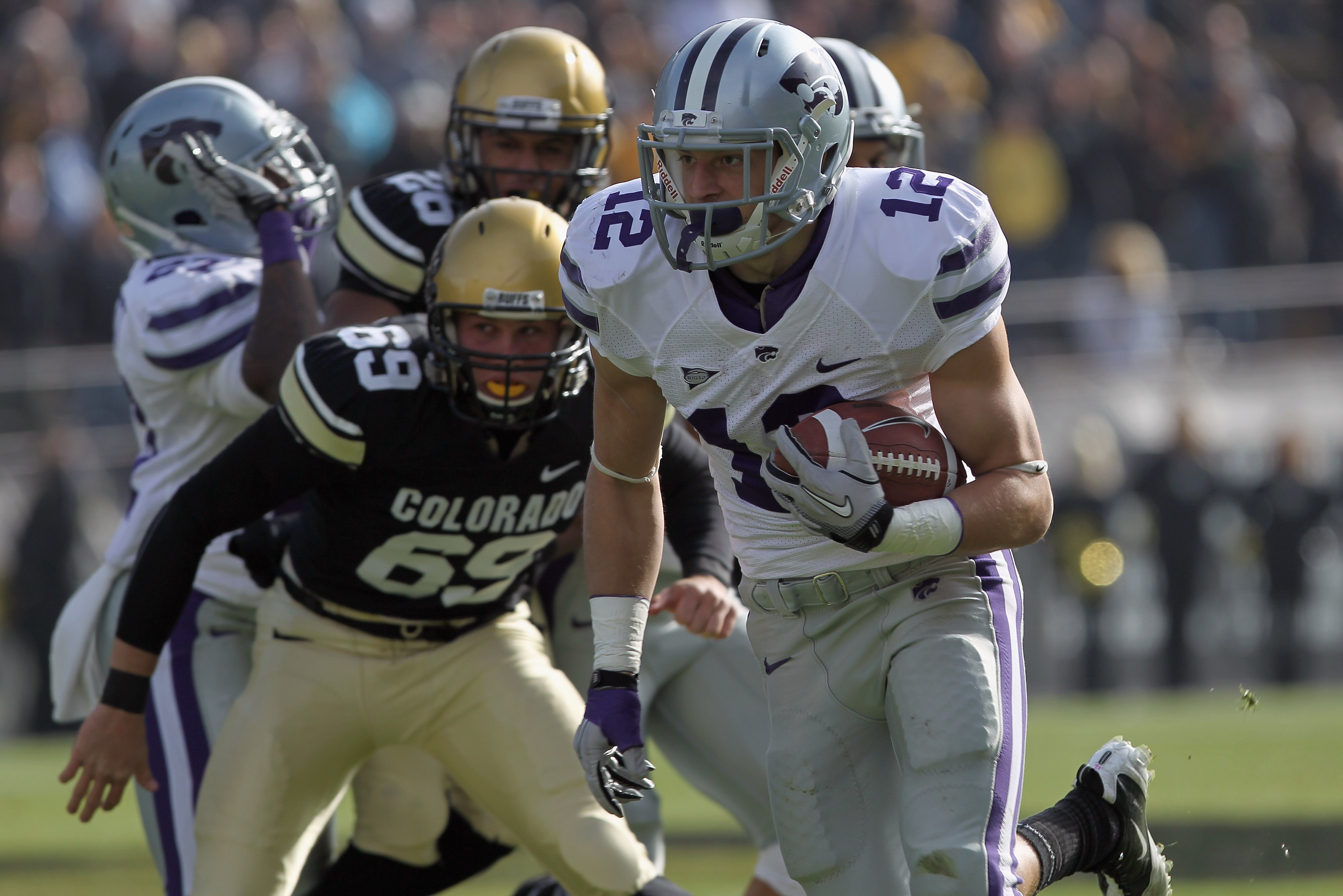 BOULDER, CO - NOVEMBER 20:  Ty Zimmerman #12 of the Kansas State Wildcats returns a punt to the one yard line against the Colorado Buffaloes in the first quarter at Folsom Field on November 20, 2010 in Boulder, Colorado. Colorado defeated Kansas State 44-