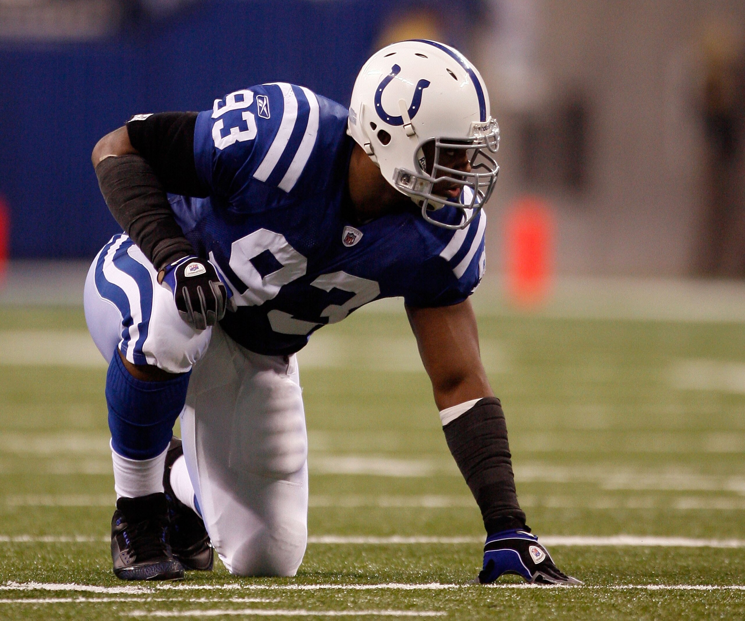 INDIANAPOLIS - NOVEMBER 16:  Dwight Freeney #93 of the Indianapolis Colts gets set against the Houston Texans during the game at Lucas Oil Stadium on November 17, 2008 in Indianapolis, Indiana.  (Photo by Harry How/Getty Images)