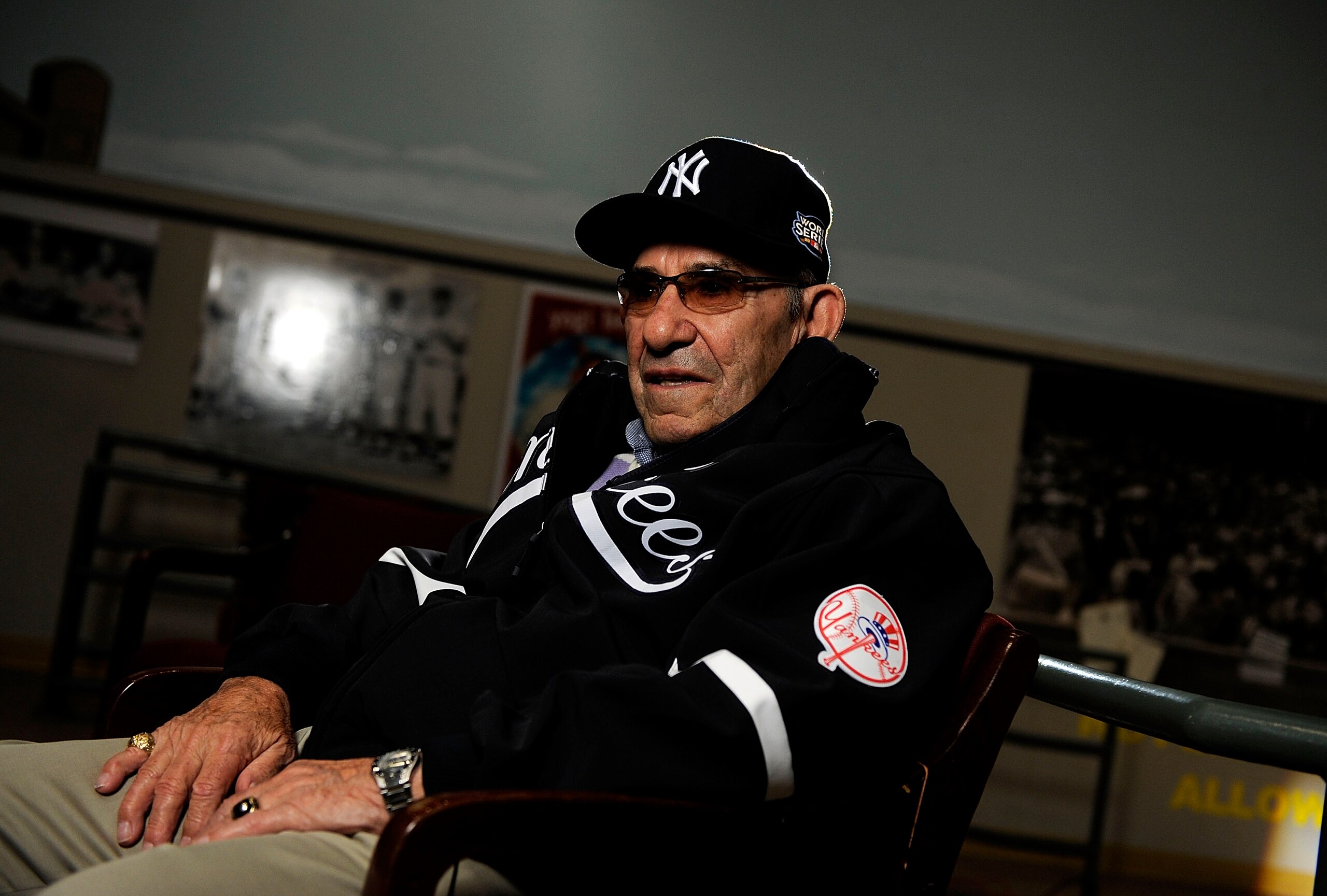 LITTLE FALLS, NY - NOVEMBER 23:  Baseball Hall of Famer Yogi Berra is interviewed at the Yogi Berra Museum and and Learning Center on November 23, 2009 in Little Falls, New Jersey.  (Photo by Jeff Zelevansky/Getty Images for NASCAR)