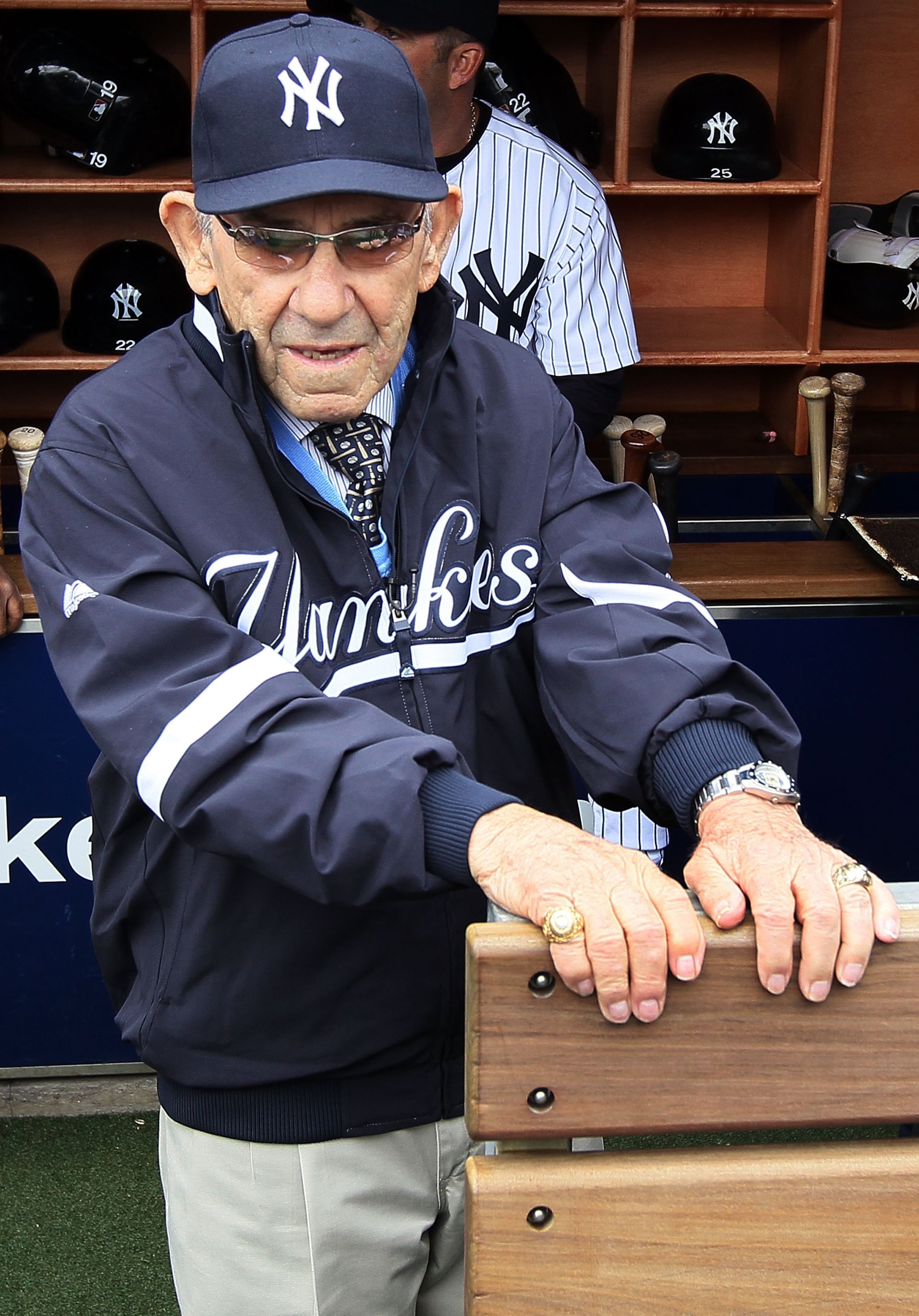 NEW YORK - APRIL 13: New York Yankee Hall of Famer Yogi Berra looks on prior to the Yankees playing the Los Angeles Angels of Anaheim during the Yankees home opener at Yankee Stadium on April 13, 2010 in the Bronx borough of New York City. (Photo by Jim NEW YORK - APRIL 13: New York Yankee Hall of Famer Yogi Berra looks on prior to the Yankees playing the Los Angeles Angels of Anaheim during the Yankees home opener at Yankee Stadium on April 13, 2010 in the Bronx borough of New York City. (Photo by Jim