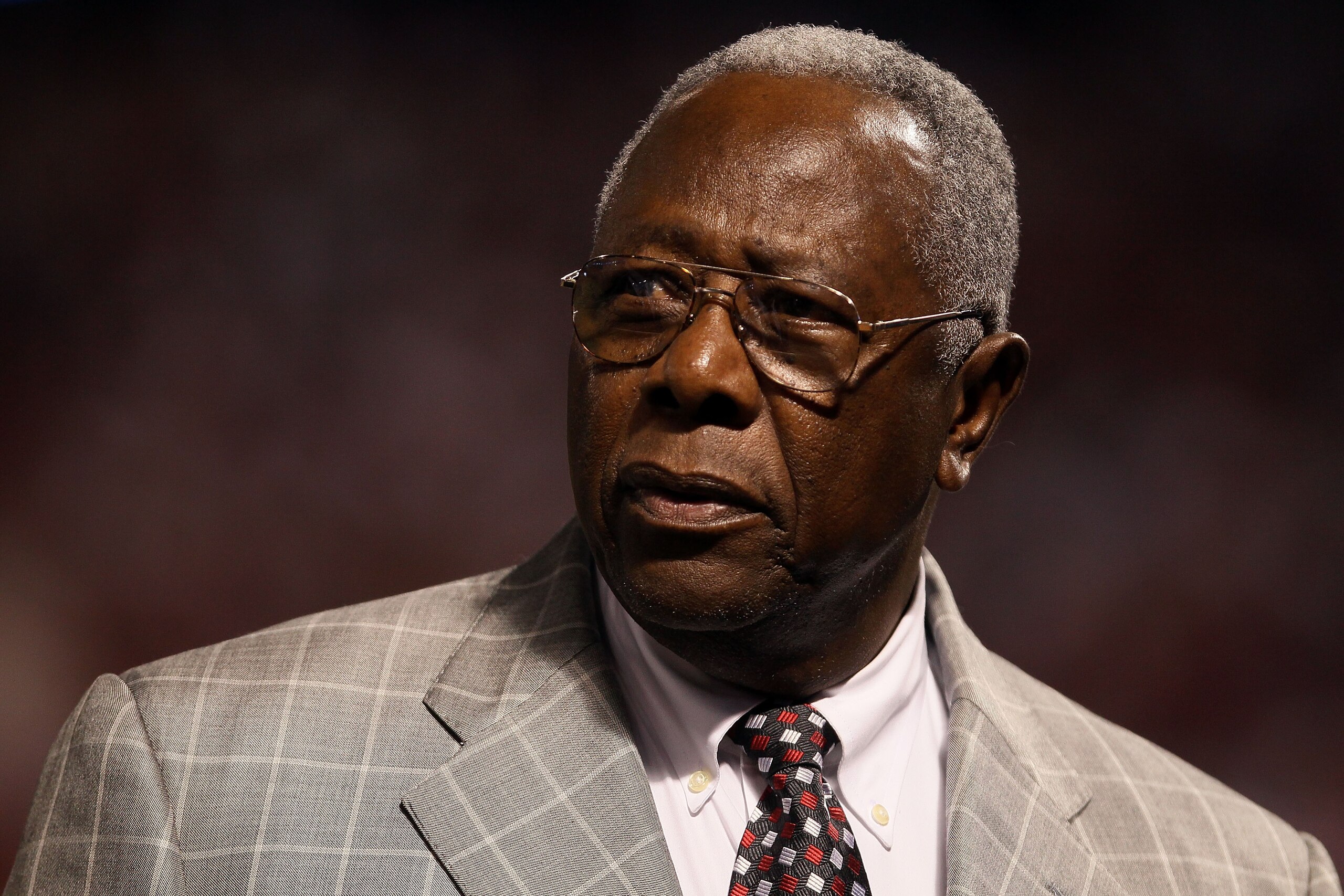 ARLINGTON, TX - OCTOBER 31:  Baseball Hall of Famer Hank Aaron looks on prior to the Texas Rangers playing against the San Francisco Giants in Game Four of the 2010 MLB World Series at Rangers Ballpark in Arlington on October 31, 2010 in Arlington, Texas.