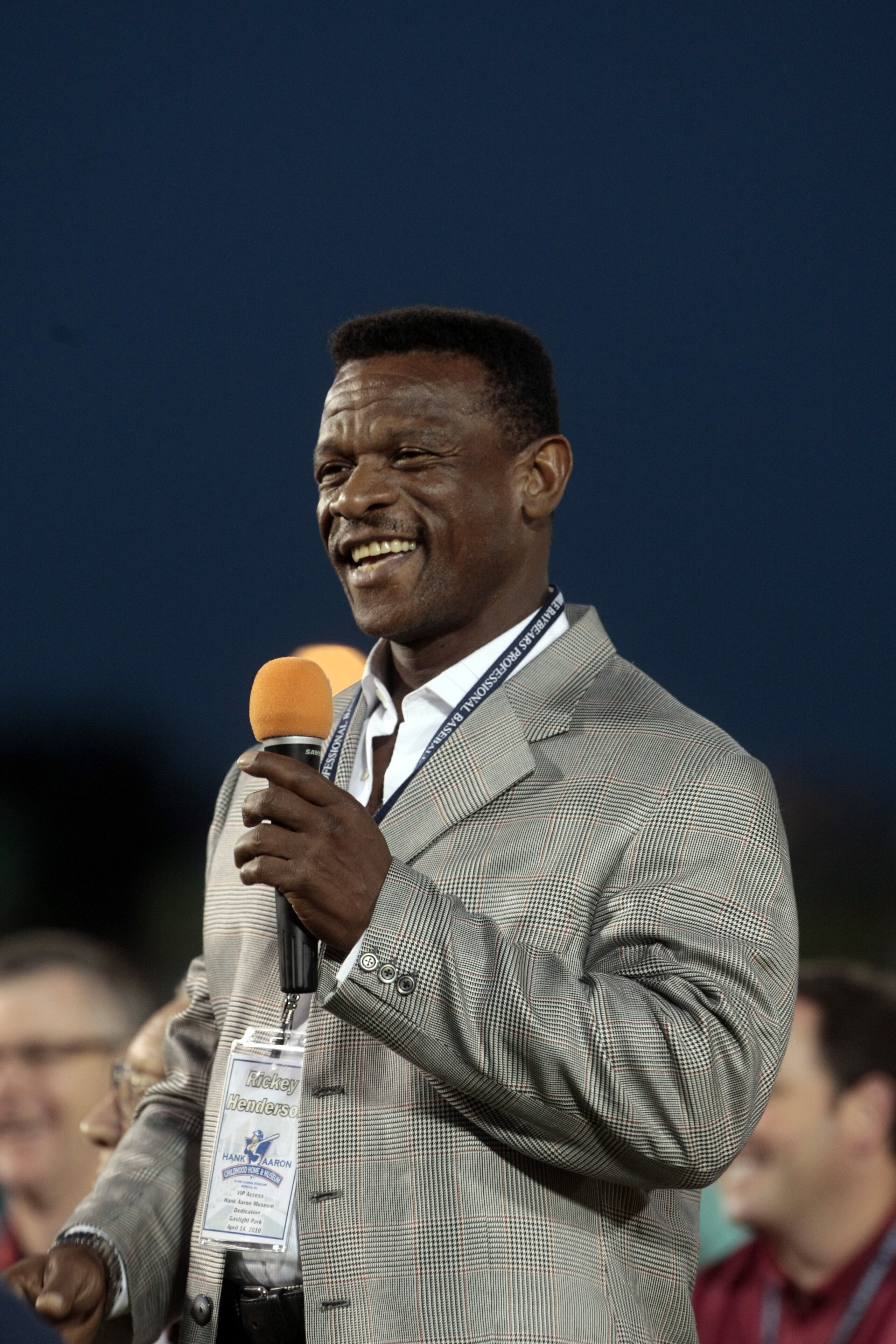 MOBILE, AL - APRIL 14: MLB Hall of Famer Rickey Henderson makes remarks during pre-game ceremonies following the opening the Hank Aaron Museum at the Hank Aaron Stadium on April 14, 2010 in Mobile, Alabama. (Photo by Dave Martin/Getty Images)