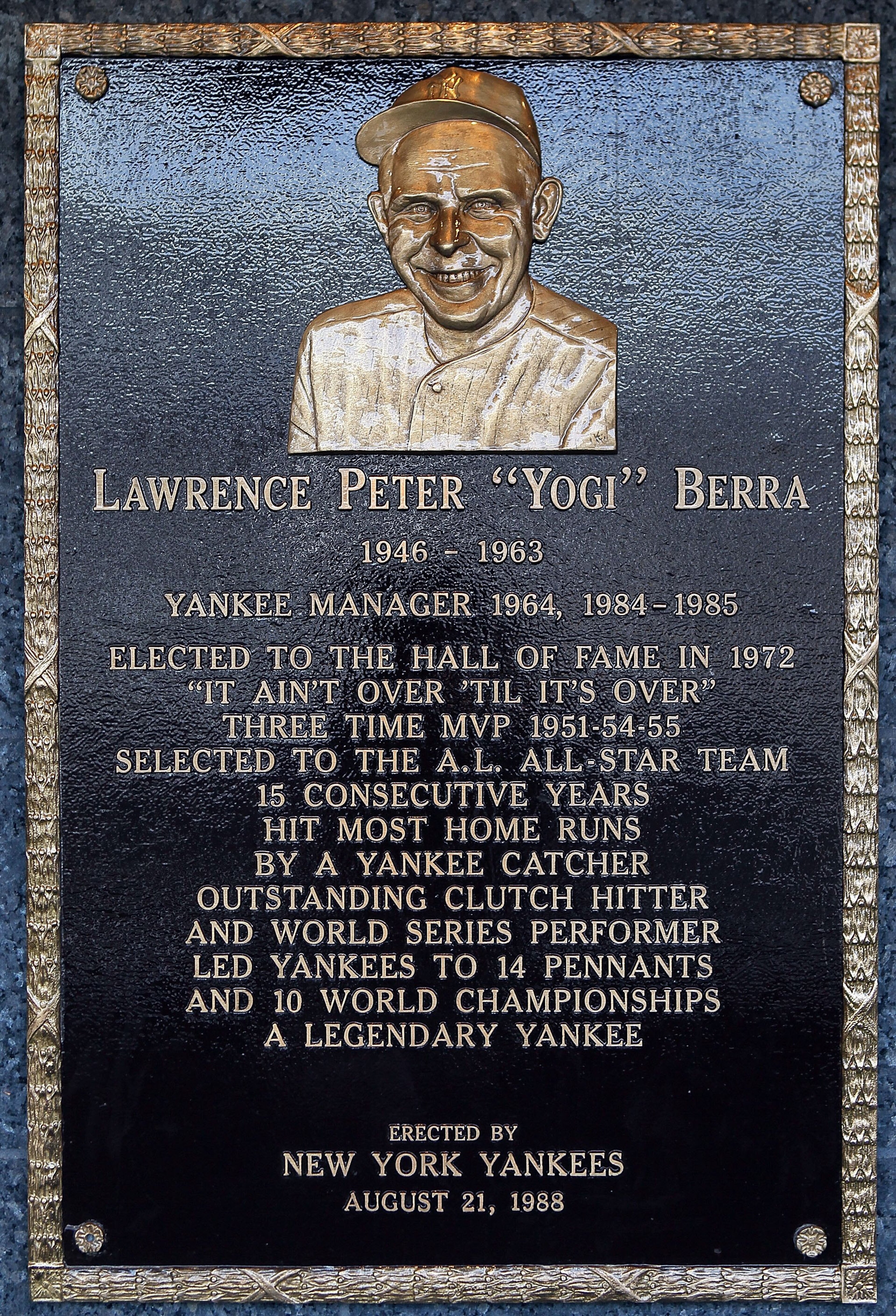 NEW YORK - MAY 02: The plaque of Yogi Berra is seen in Monument Park at Yankee Stadium prior to the game between the New York Yankees and the Chicago White Sox on May 2, 2010 in the Bronx borough of New York City. The Yankees defeated the White Sox 12-3. NEW YORK - MAY 02: The plaque of Yogi Berra is seen in Monument Park at Yankee Stadium prior to the game between the New York Yankees and the Chicago White Sox on May 2, 2010 in the Bronx borough of New York City. The Yankees defeated the White Sox 12-3.