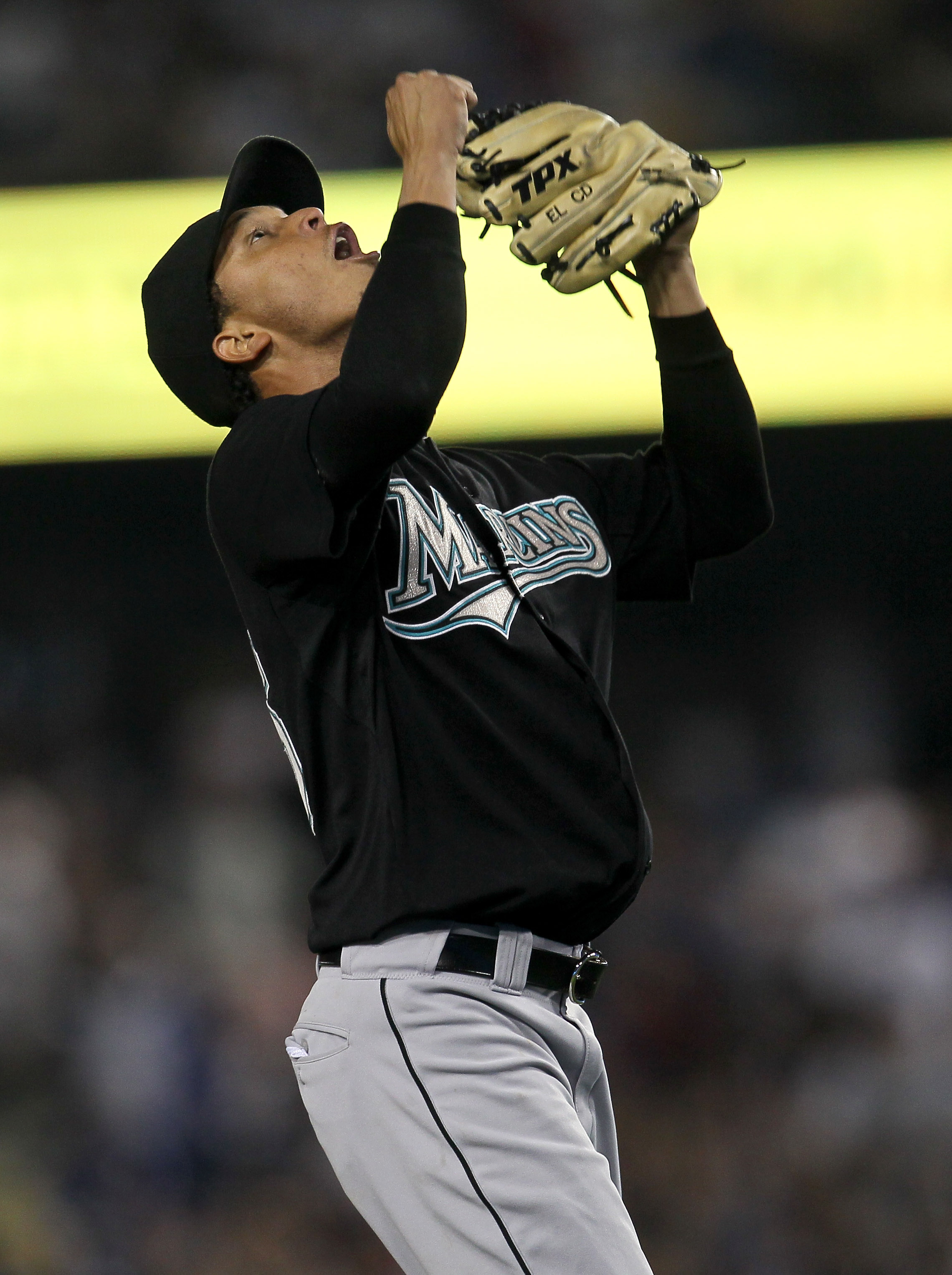 LOS ANGELES, CA - JULY 05:  Relief pitcher Leo Nunez #46 of the Florida Marlins celebrates after getting the last out and the save against the Los Angeles Dodgers on July 5, 2010 at Dodger Stadium in Los Angeles, California. The Marlins won 6-5.  (Photo b