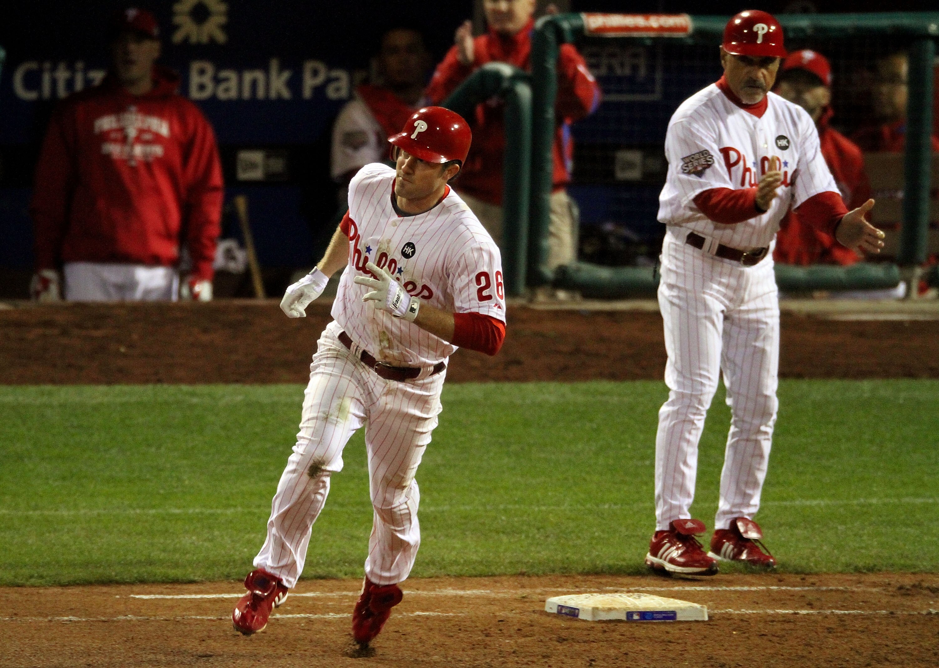 PHILADELPHIA - NOVEMBER 01:  Chase Utley #26 of the Philadelphia Phillies rounds first base on his solo home run in the bottom of the seventh inning against the New York Yankees in Game Four of the 2009 MLB World Series at Citizens Bank Park on November 1
