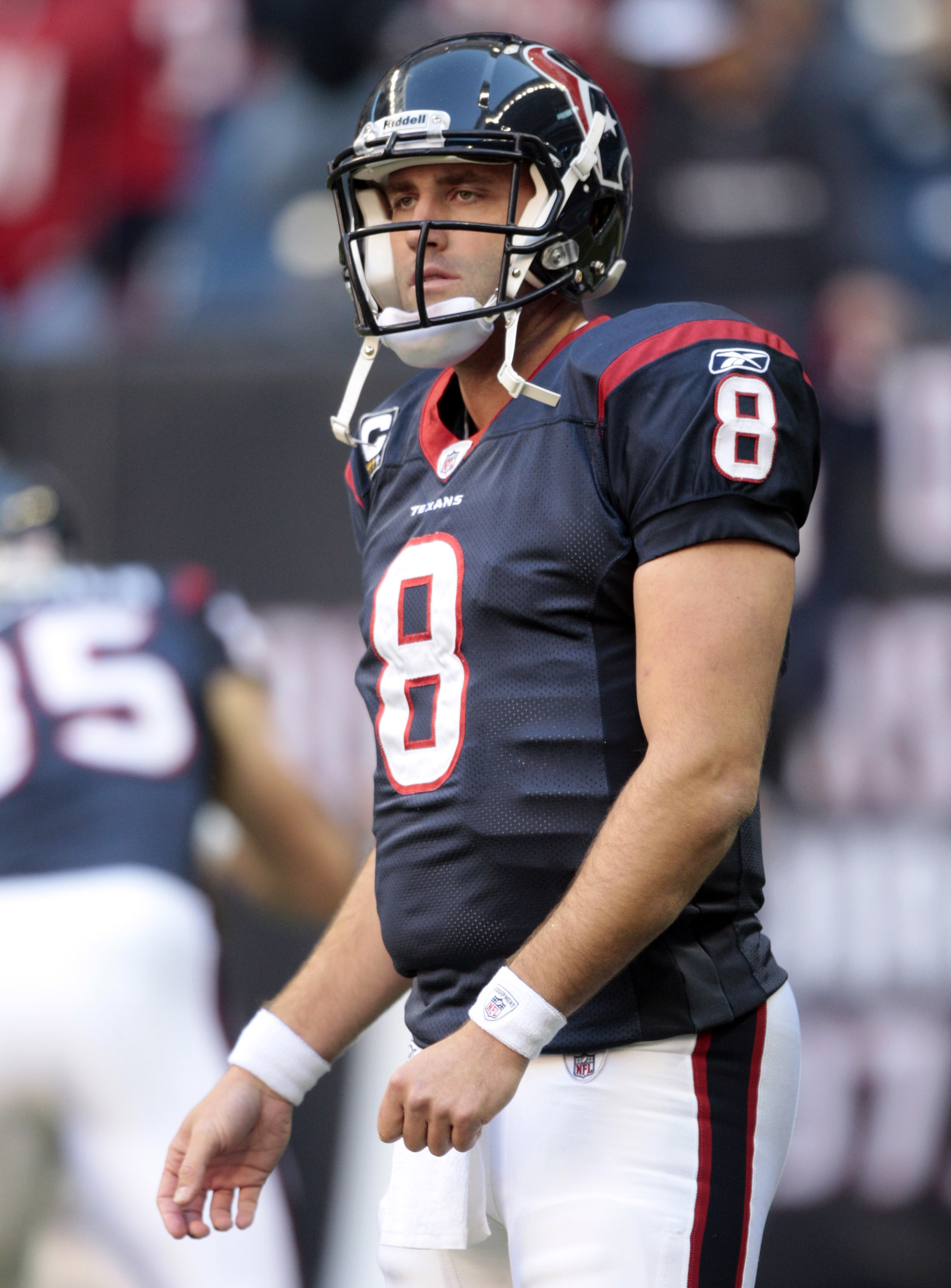 HOUSTON, TX - JANUARY 02:  Quarterback Matt Schaub #8 of the Houston Texans during warm ups before playing Jacksonville Jaguars at Reliant Stadium on January 2, 2011 in Houston, Texas.  (Photo by Bob Levey/Getty Images)