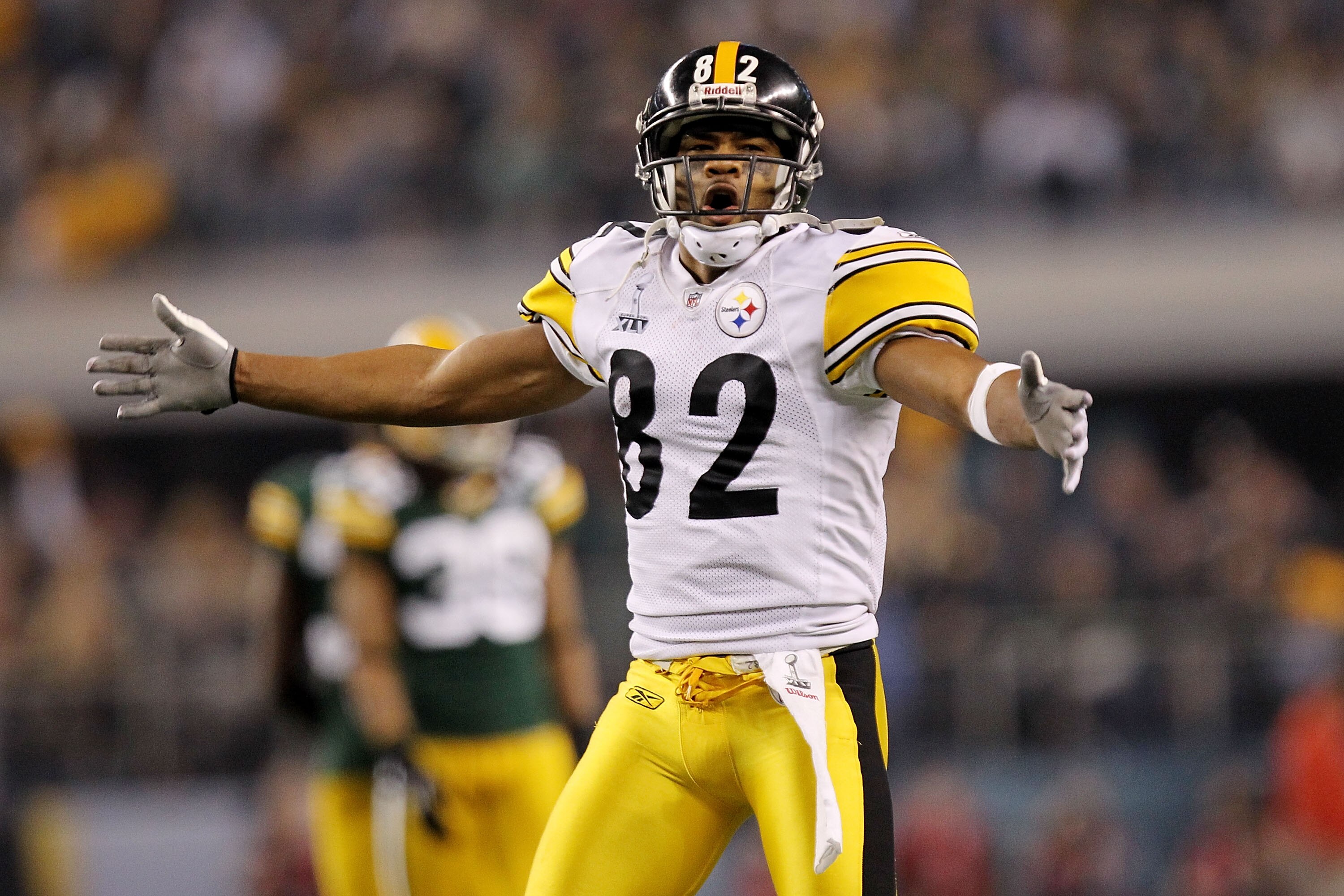 ARLINGTON, TX - FEBRUARY 06:  Antwaan Randle El #82 of the Pittsburgh Steelers reacts during against the Green Bay Packers during the third quarter of Super Bowl XLV at Cowboys Stadium on February 6, 2011 in Arlington, Texas.  (Photo by Ronald Martinez/Ge
