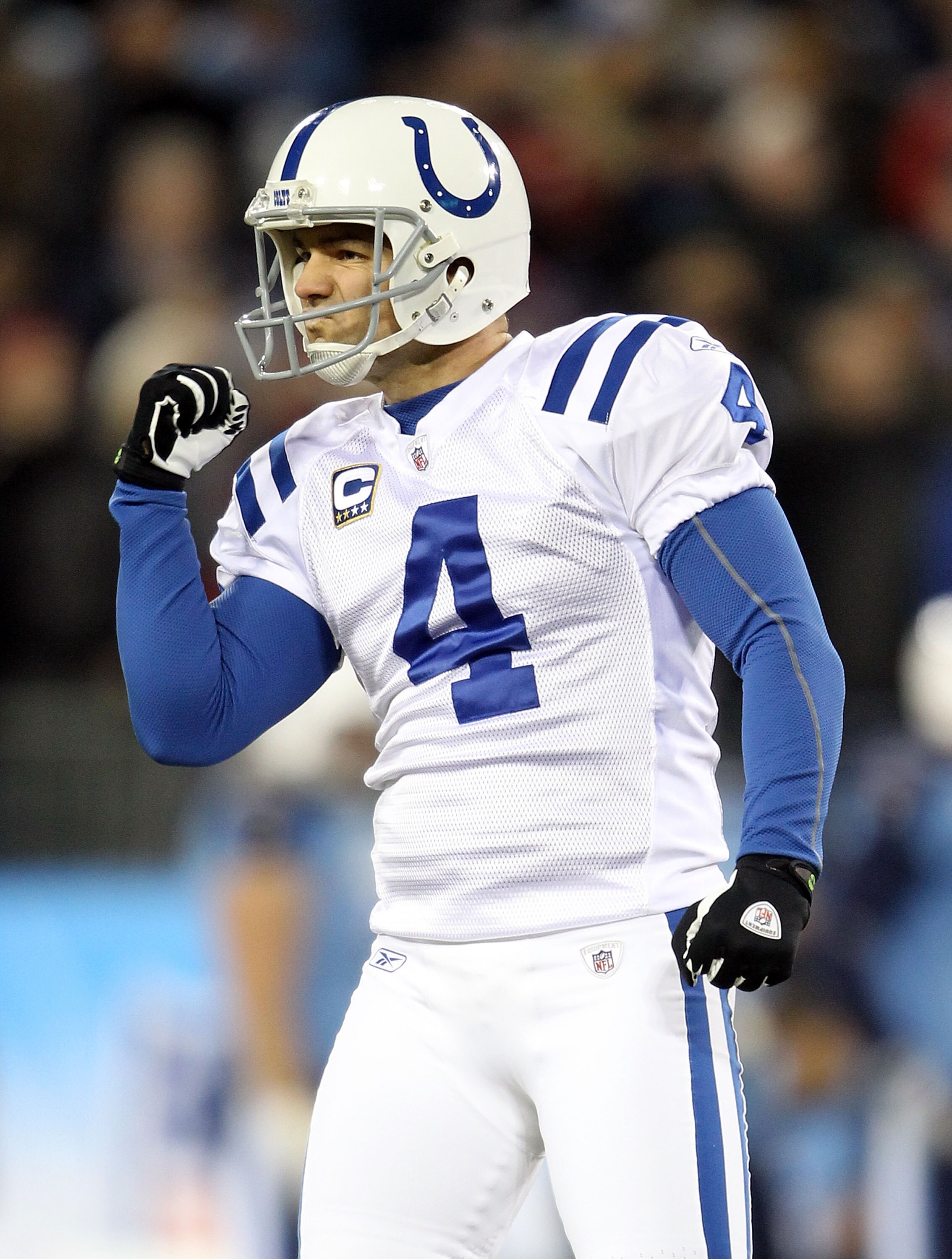 NASHVILLE, TN - DECEMBER 09:  Adam Vinatieri #18 of the Indianapolis Colts celebrates after making a fieldgoal during the fourth quarter of the NFL game against the Tennessee Titans  at LP Field on December 9, 2010 in Nashville, Tennessee.  The Colts won