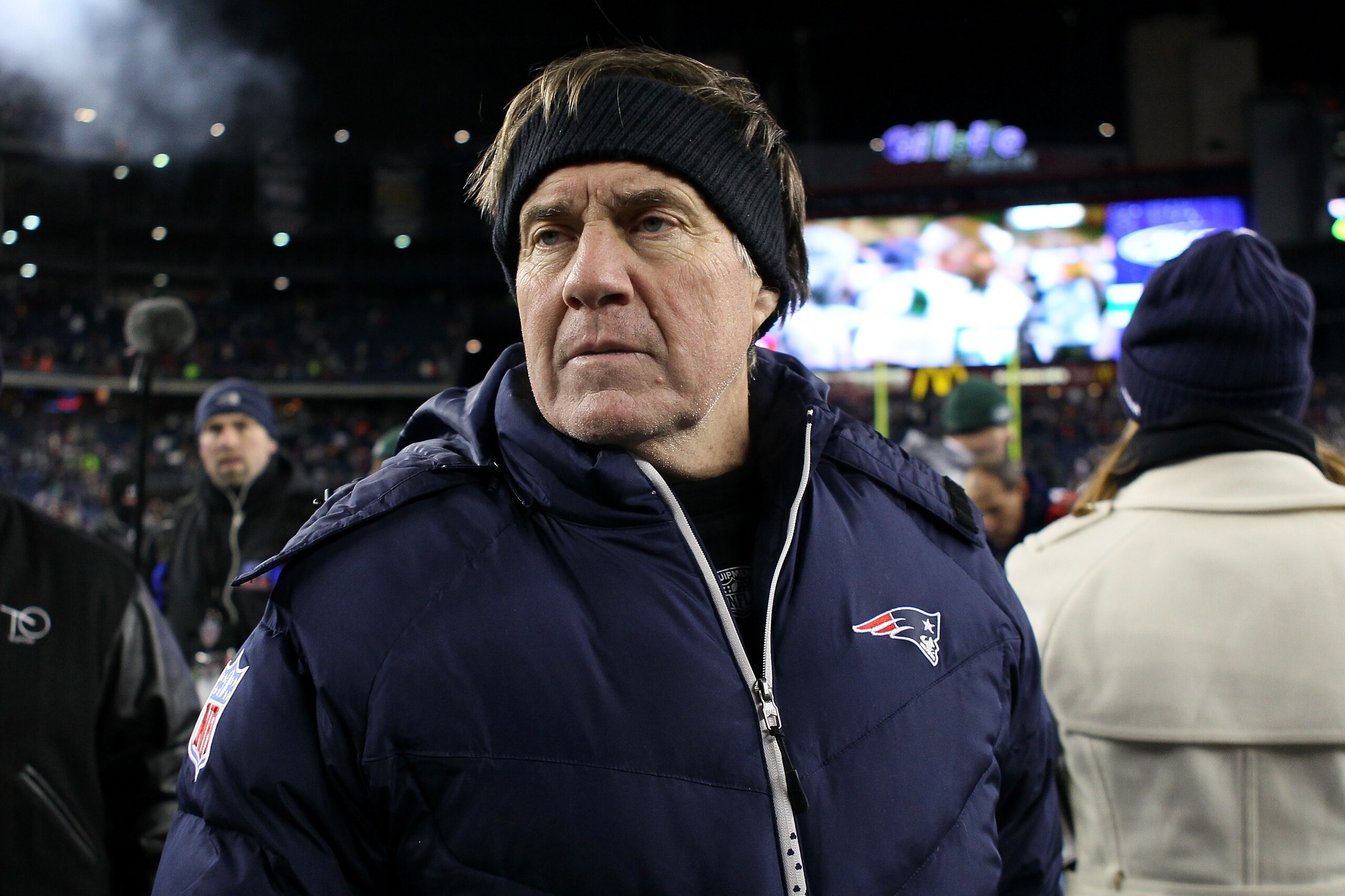 FOXBORO, MA - DECEMBER 06: Head coach Bill Belichick of the New England Patriots looks on after the Patriots won 45-3 against the New York Jets at Gillette Stadium on December 6, 2010 in Foxboro, Massachusetts. (Photo by Elsa/Getty Images) FOXBORO, MA - DECEMBER 06: Head coach Bill Belichick of the New England Patriots looks on after the Patriots won 45-3 against the New York Jets at Gillette Stadium on December 6, 2010 in Foxboro, Massachusetts. (Photo by Elsa/Getty Images)